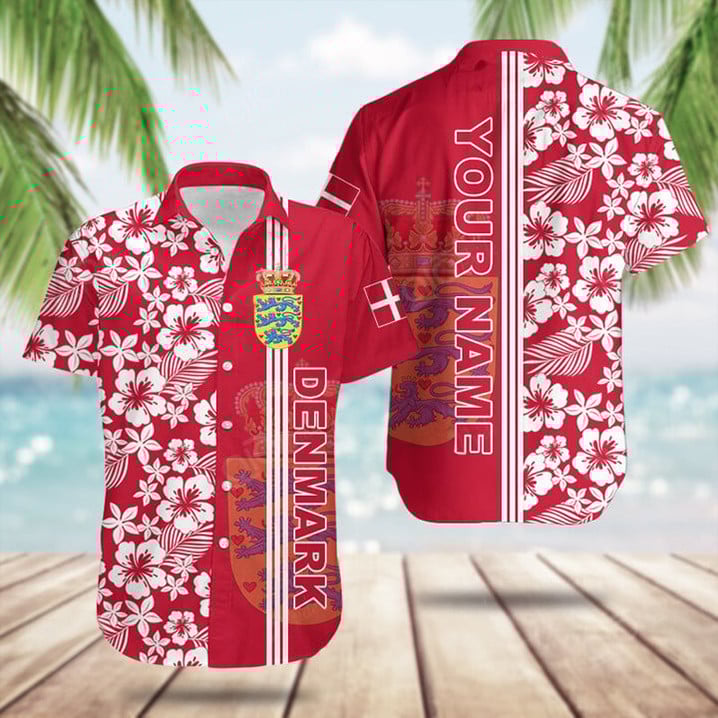 Personalized Denmark Coat Of Arms Hibiscus Pattern Hawaiian Shirt Gifts For Someone In Denmark