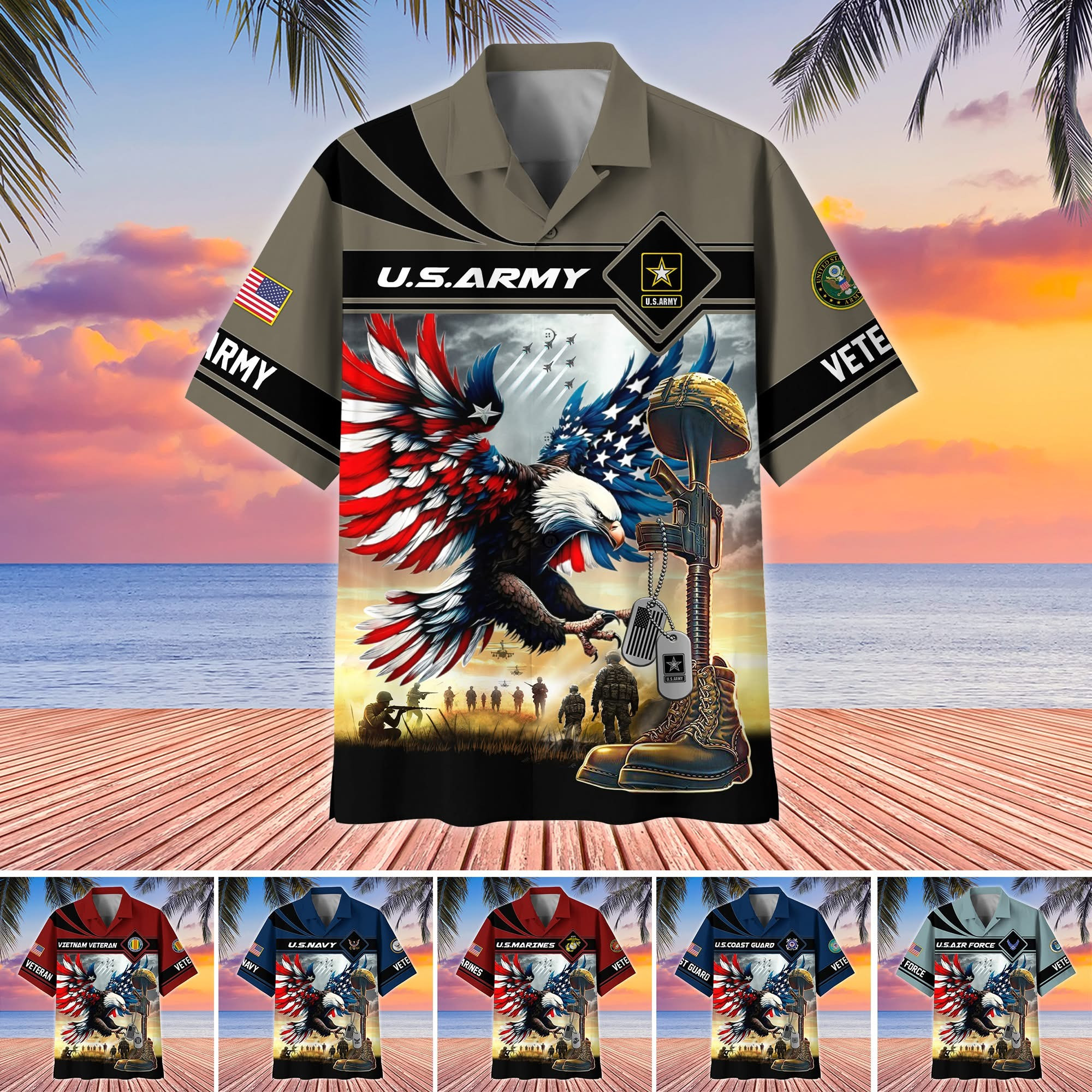 Personalized Eagle US Veterans Hawaiian Shirt Armed Forces Patriotic Veterans Clothing Unique