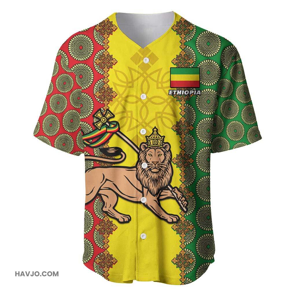 Personalized Ethiopia with Lion of Judah and African Pattern Design Baseball Jersey