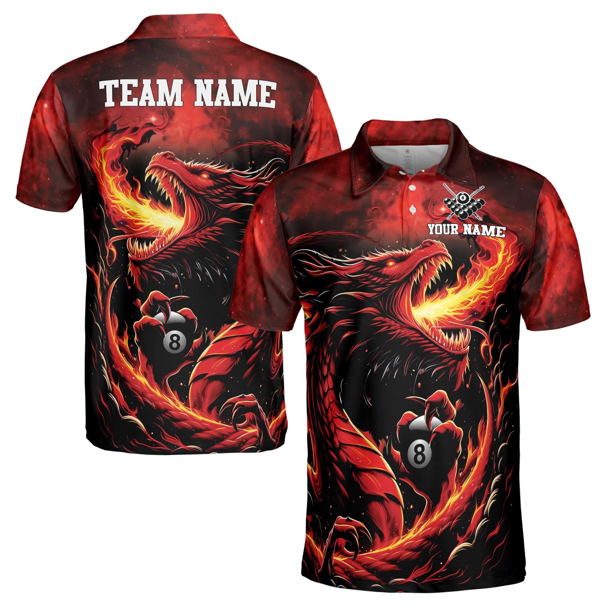 Personalized Fire Dragon Billiard Passonate Player Men's Polo Shirt