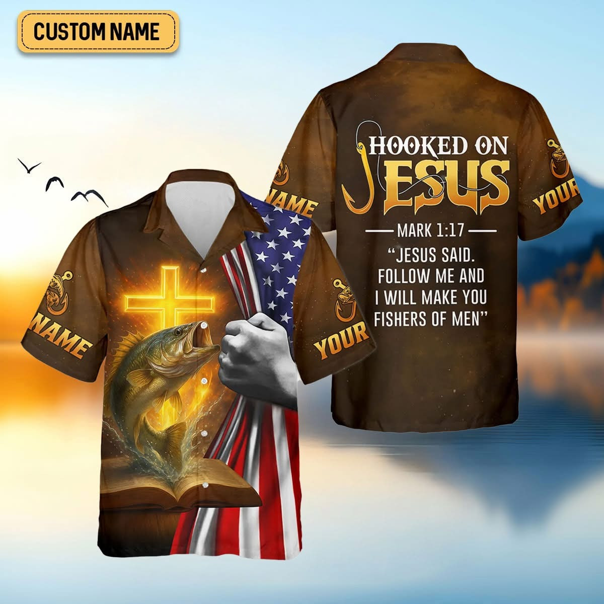 Personalized Fishing Hooked On Jesus Hawaiian Shirt American Flag Personalized Fishing Gifts