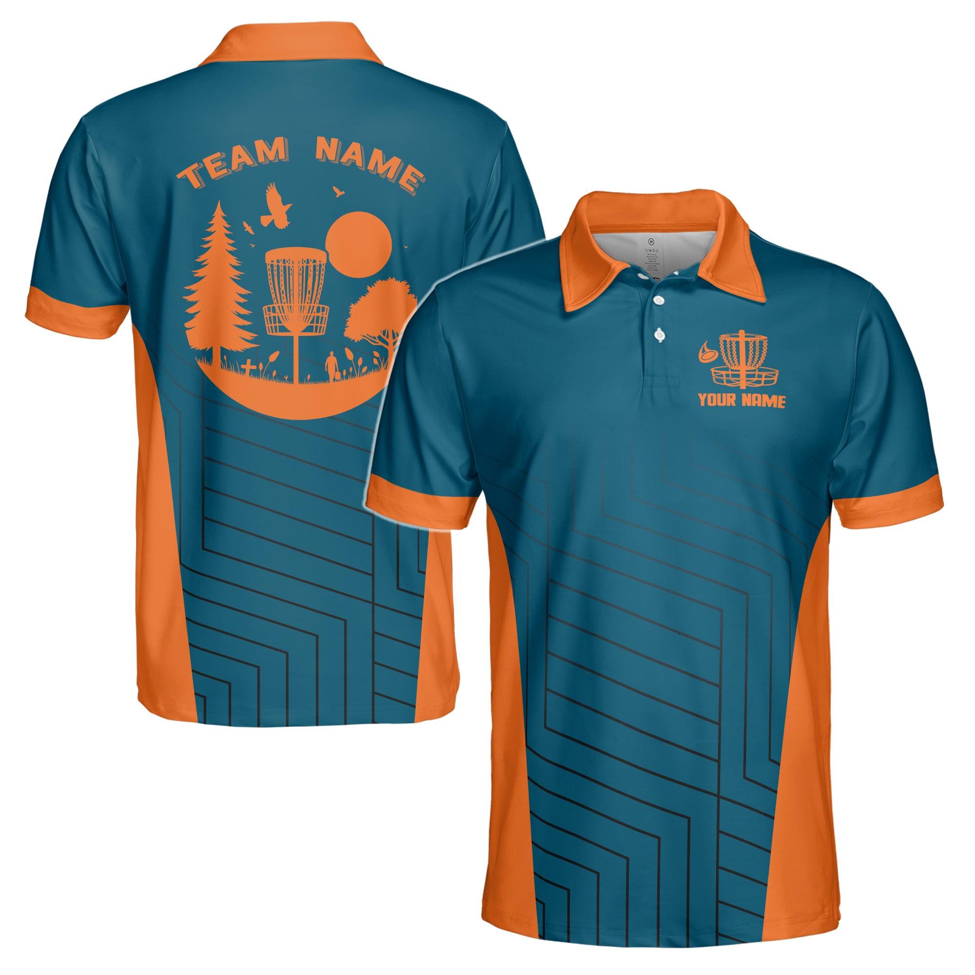 Personalized Funny Disc Golf Blue Orange Tree Pattern Men's Polo Shirt
