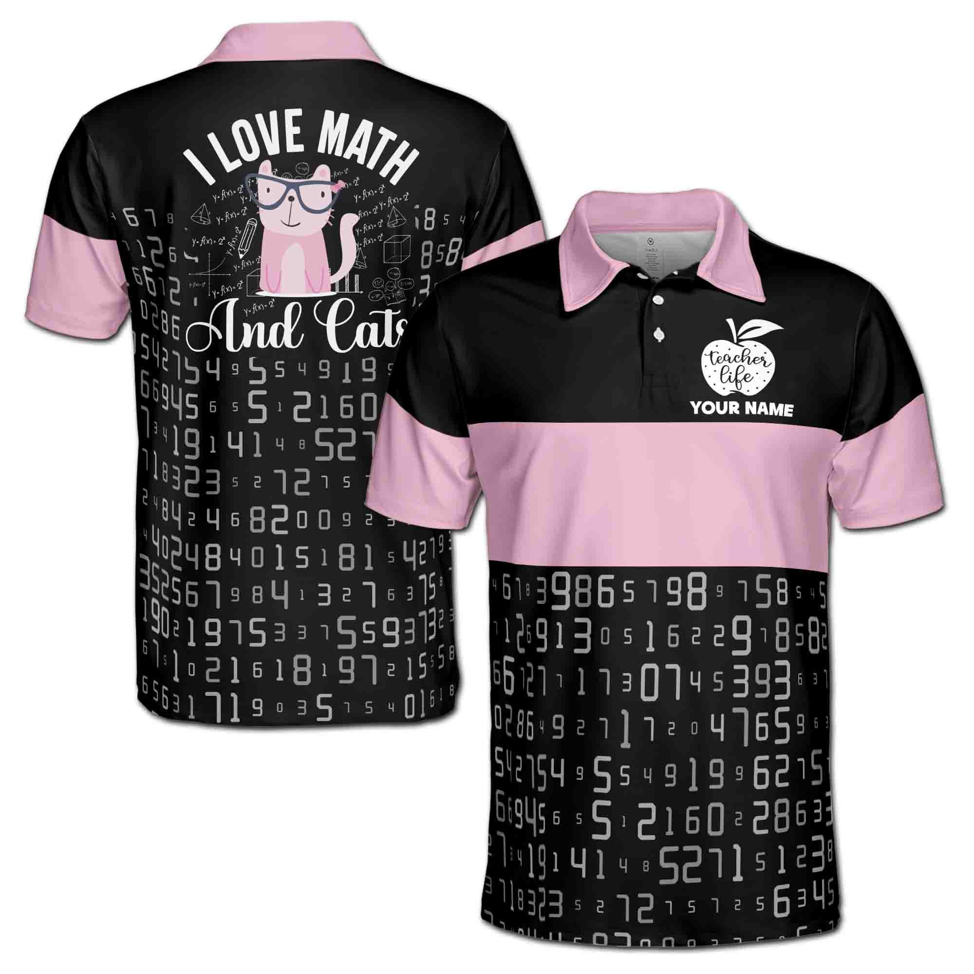 Personalized Funny I Love Math And Cat Men's Polo Shirt - Pink & Black