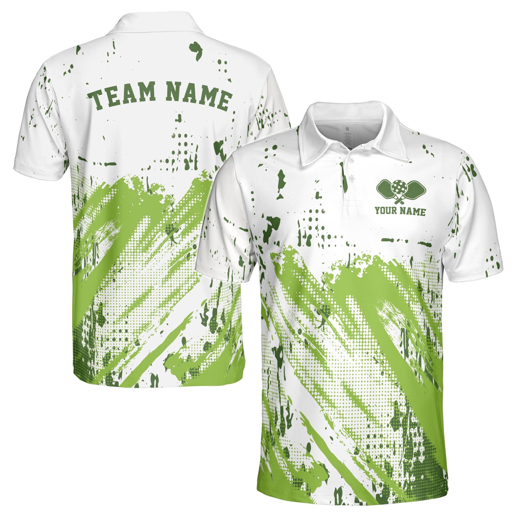 Personalized Funny Pickleball White Green Stripes and Dots Men's Polo Shirt