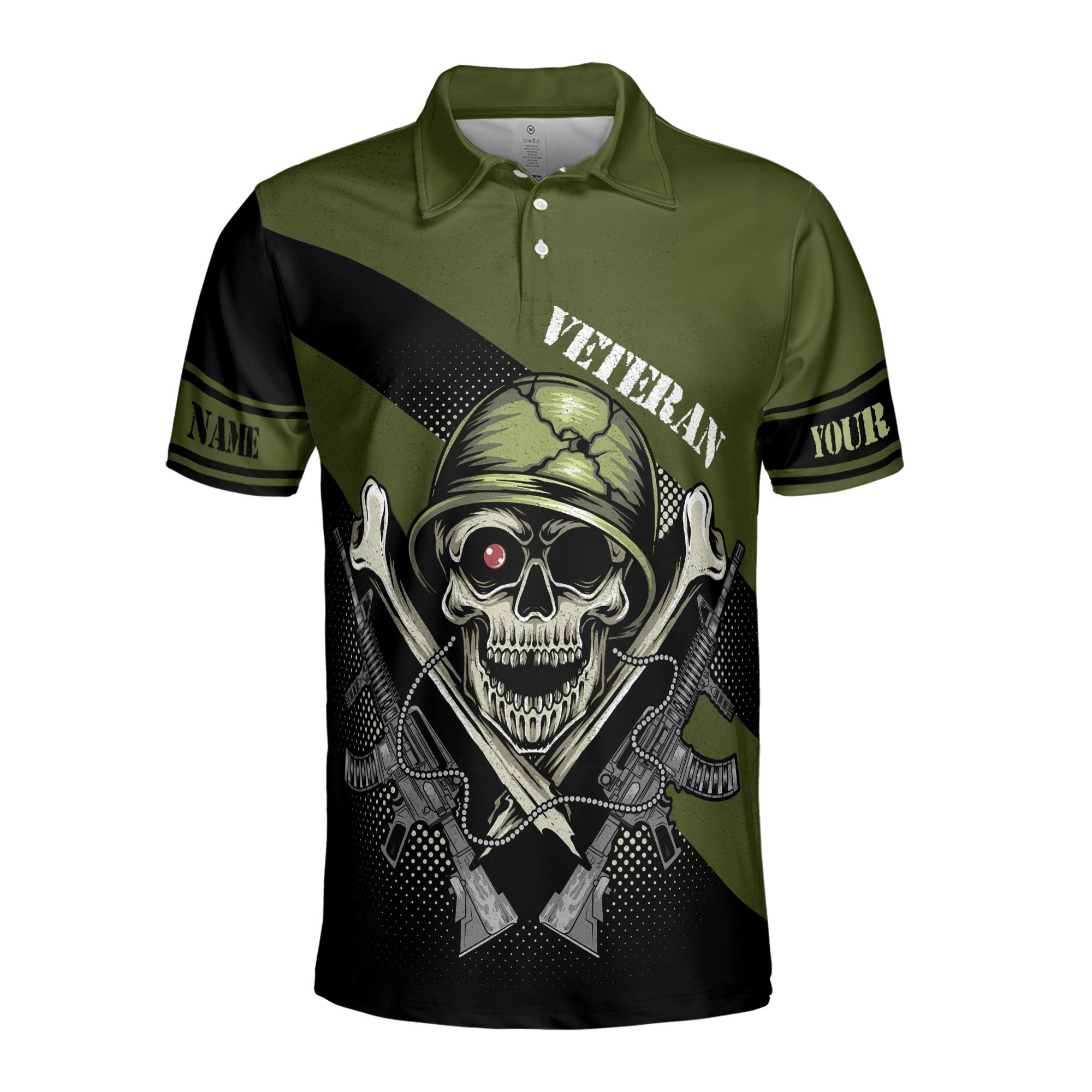 Alternative view of Personalized Funny Veteran Skull Soldier Military Green Men's Polo Shirt