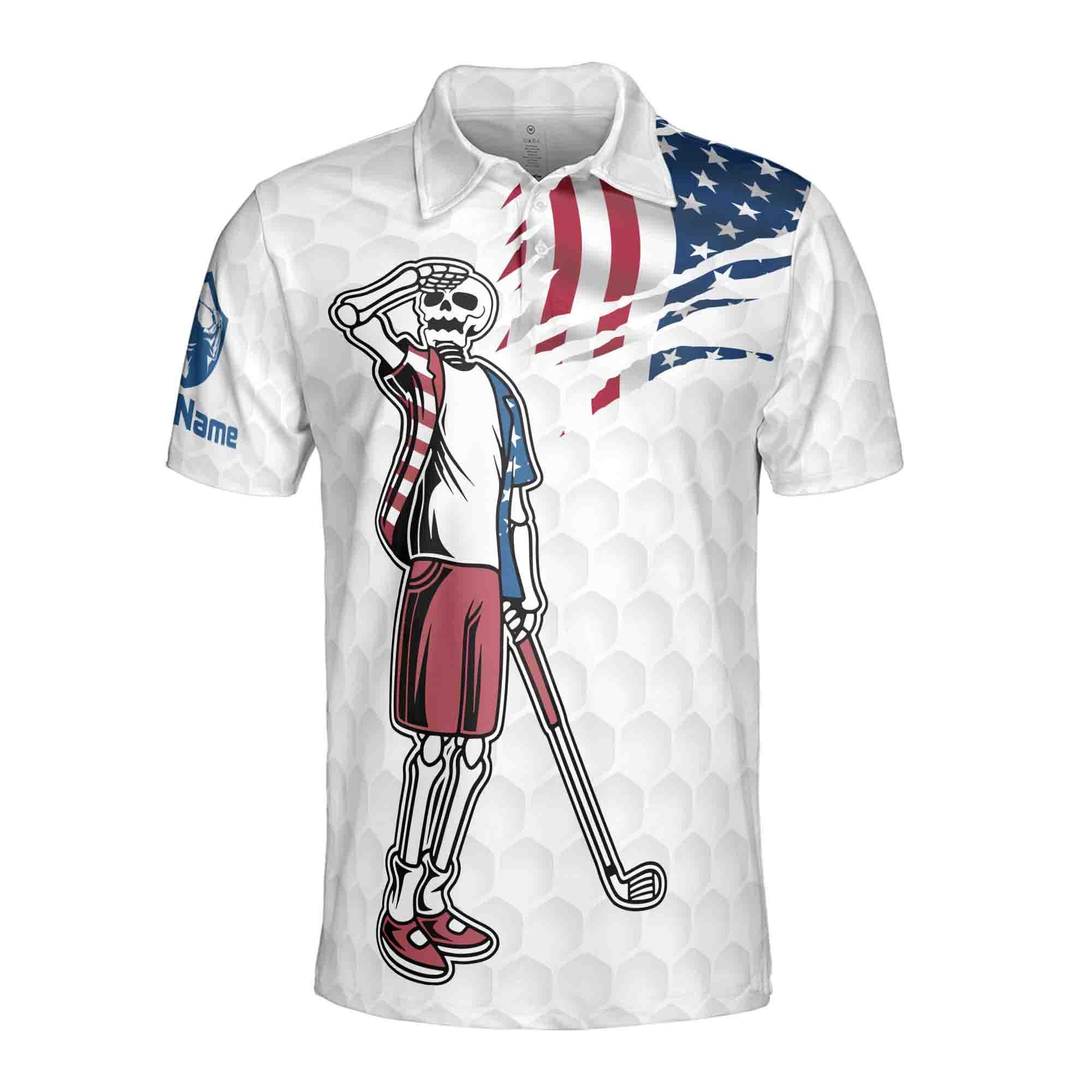 Alternative view of Personalized Golf Men's Polo Shirt, Funny Skeleton American Flag Design