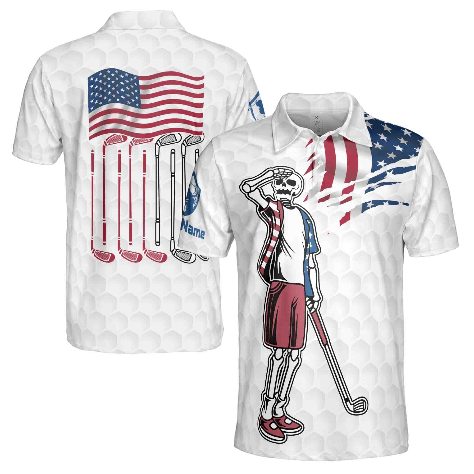 Personalized Golf Men's Polo Shirt, Funny Skeleton American Flag Design