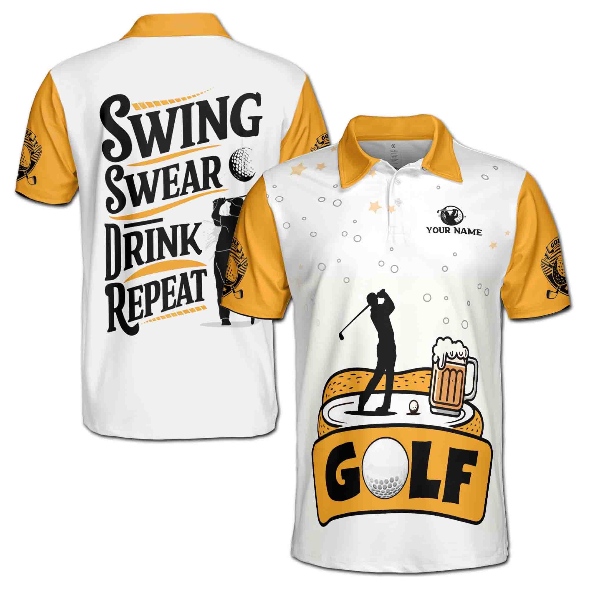 Personalized Golf Polo Shirt Silhouette Beer Design Golf Player on Back Men's Polo Shirt