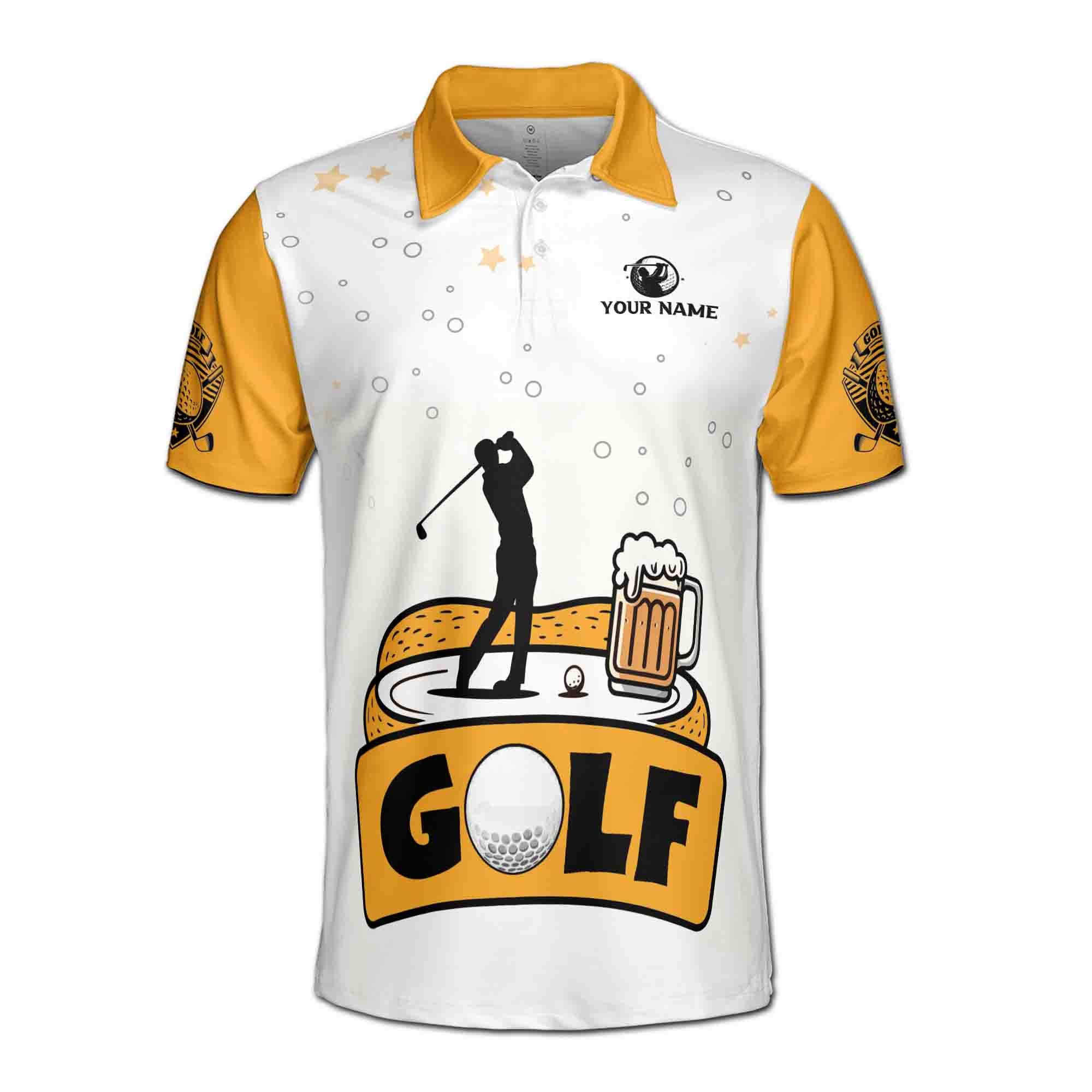 Alternative view of Personalized Golf Polo Shirt Silhouette Beer Design Golf Player on Back Men's Polo Shirt