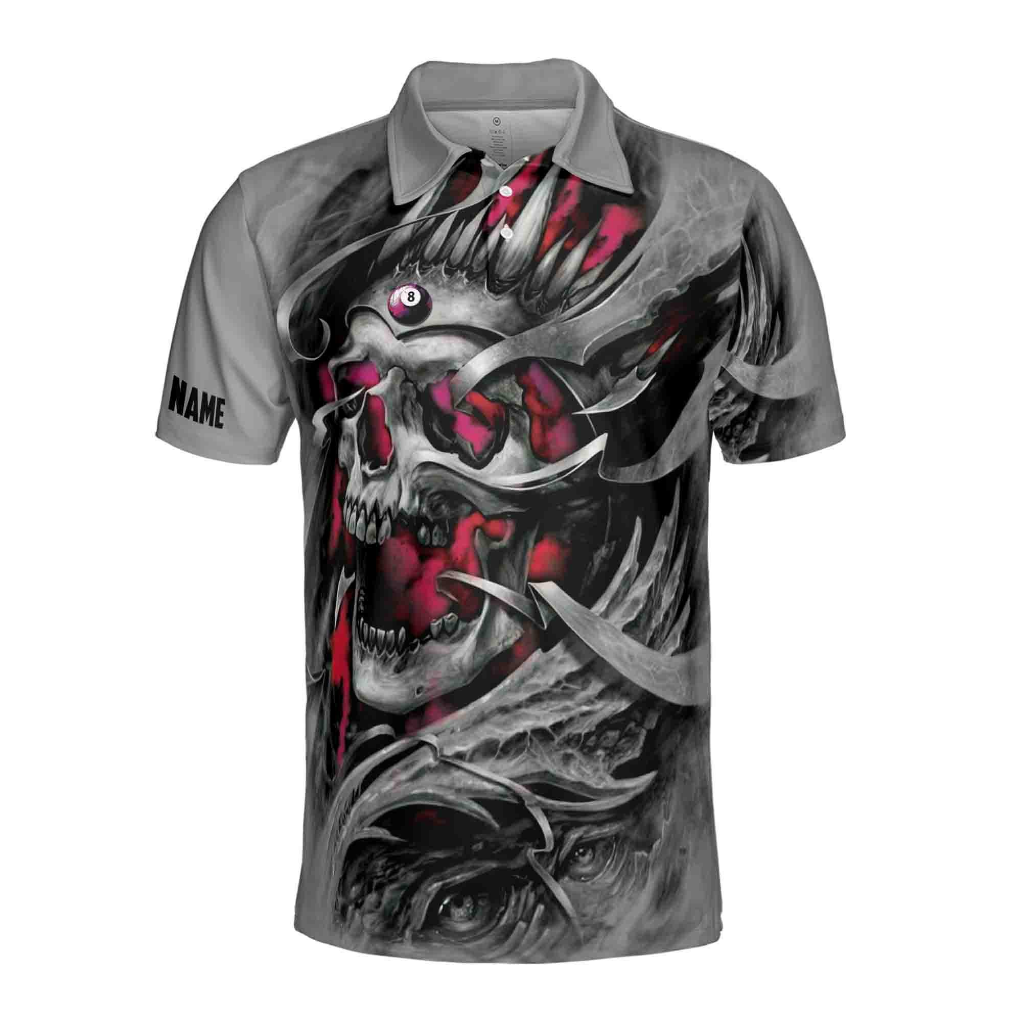 Alternative view of Personalized Gray Skull Billiard 8 Balls Skeleton Pool Men's Polo Shirt