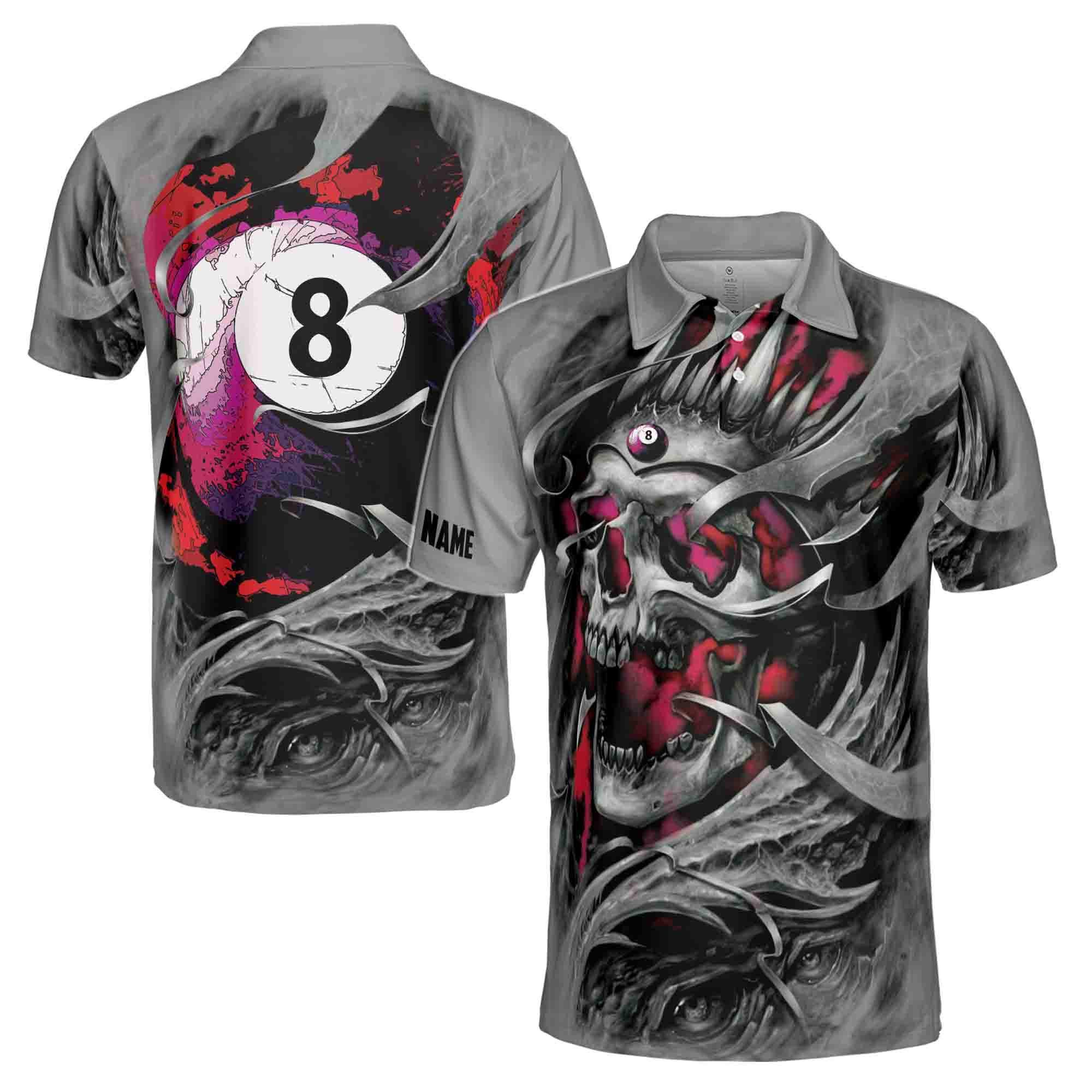 Personalized Gray Skull Billiard 8 Balls Skeleton Pool Men's Polo Shirt