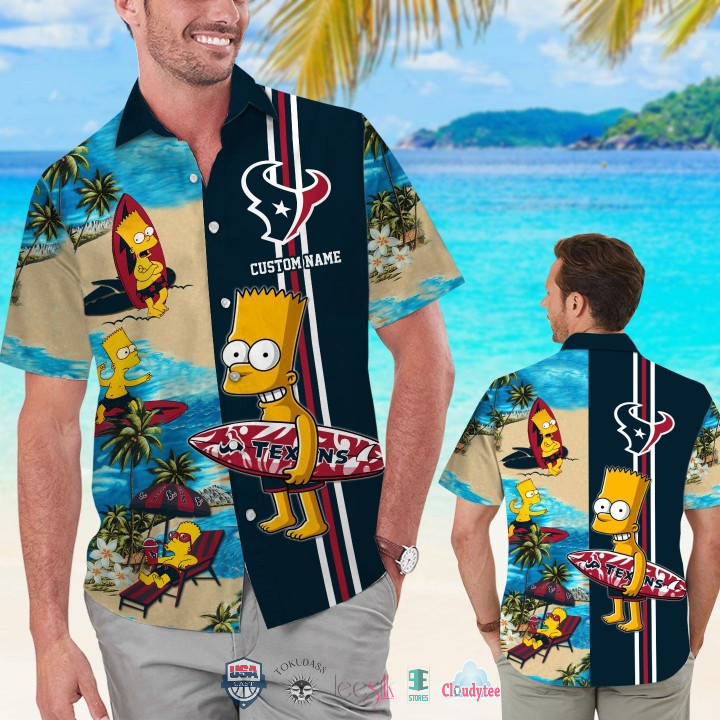 Personalized Houston Texans Bart Simpson Hawaiian Shirt Tropical Aloha Button Up