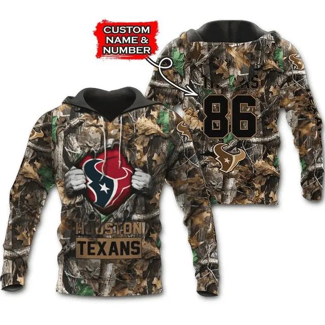 Personalized Houston Texans Hunting Camo Custom Name and Number NFL 3D All Over Print Hoodie