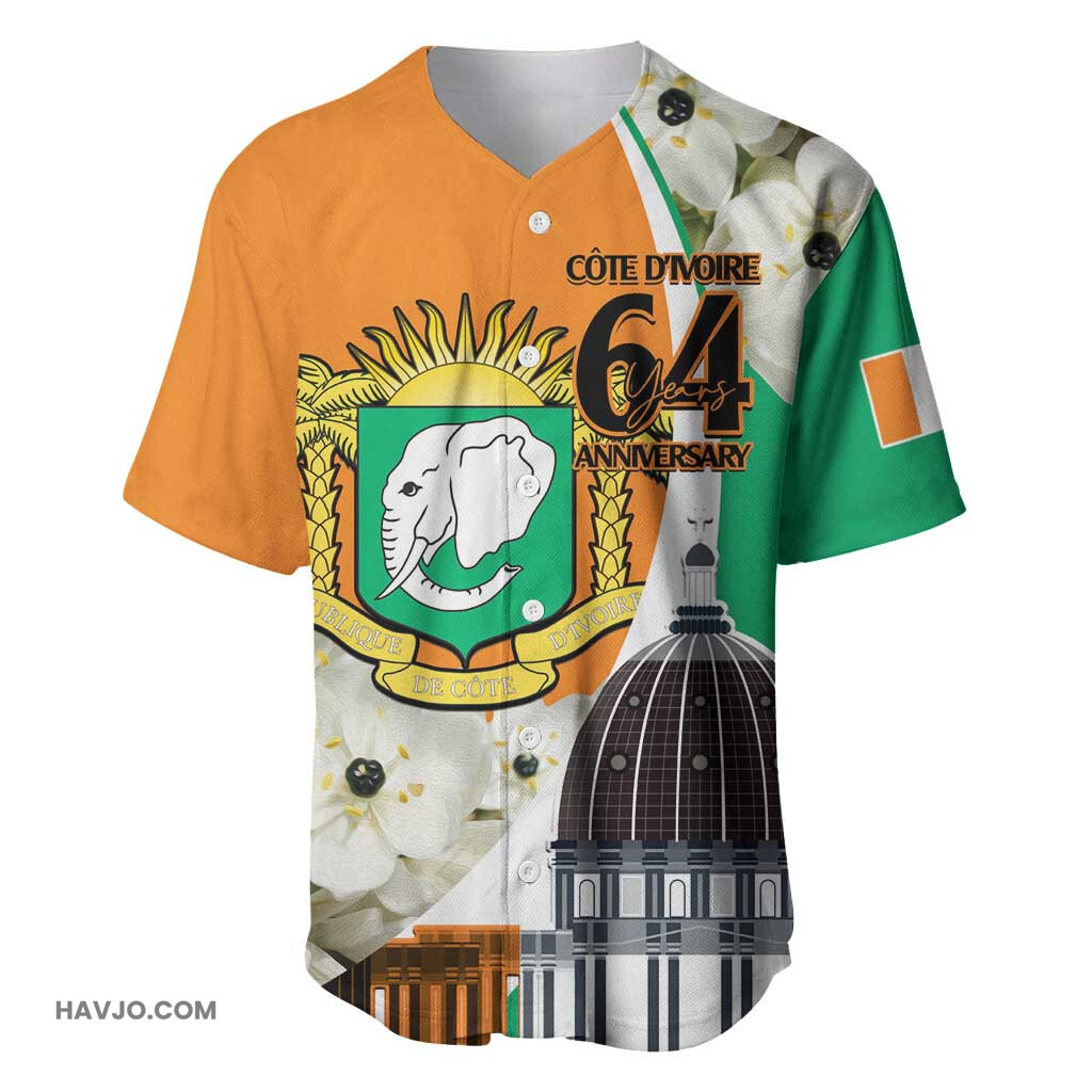 Personalized Ivory Coast Independence Day Ornithogalum Arabicum Happy 64 Years Anniversary Baseball Jersey