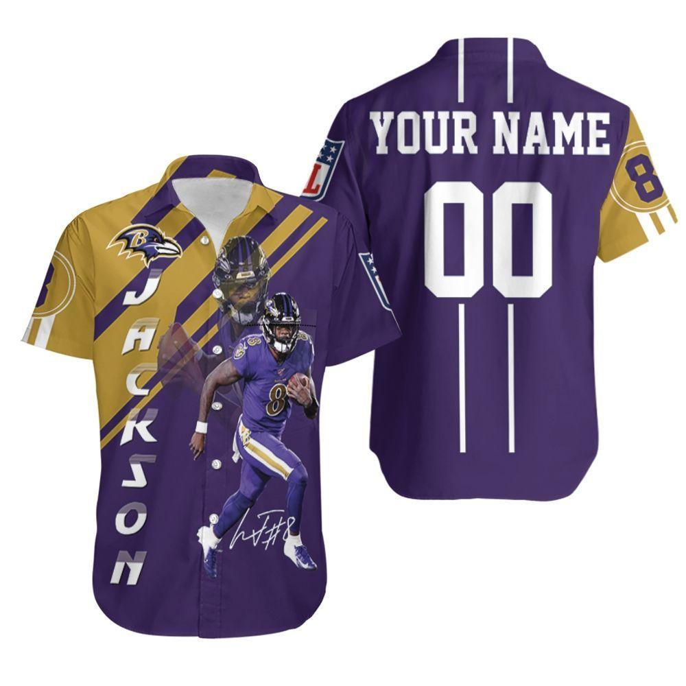 Personalized Lamar Jackson Baltimore Ravens Hawaiian Shirt Tropical Aloha Button Up