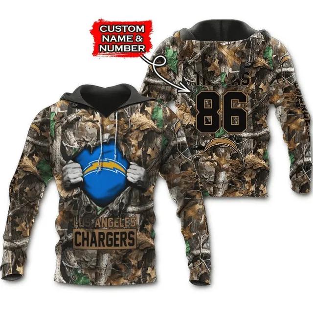 Personalized Los Angeles Chargers Hunting Camo Custom Name and Number NFL 3D All Over Print Hoodie