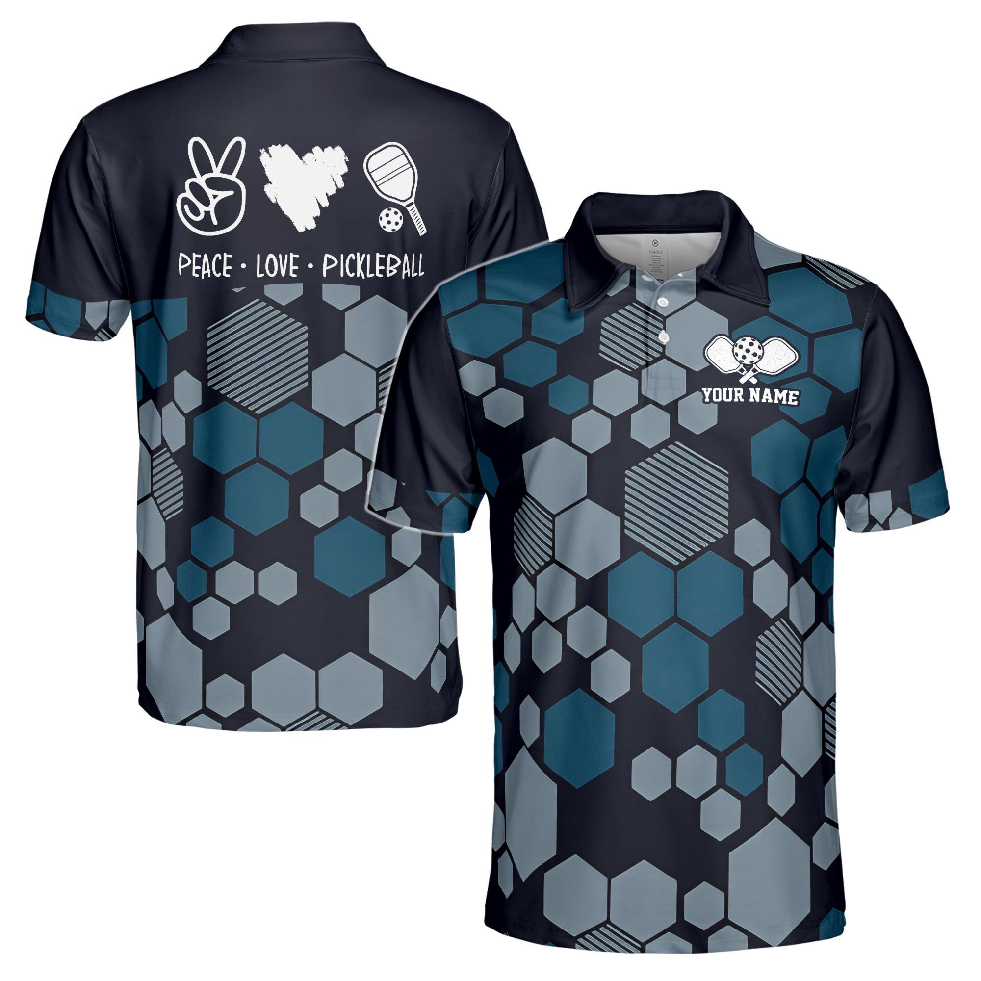 Personalized Love Peace Pickleball Hexagon Pattern Men's Polo Shirt