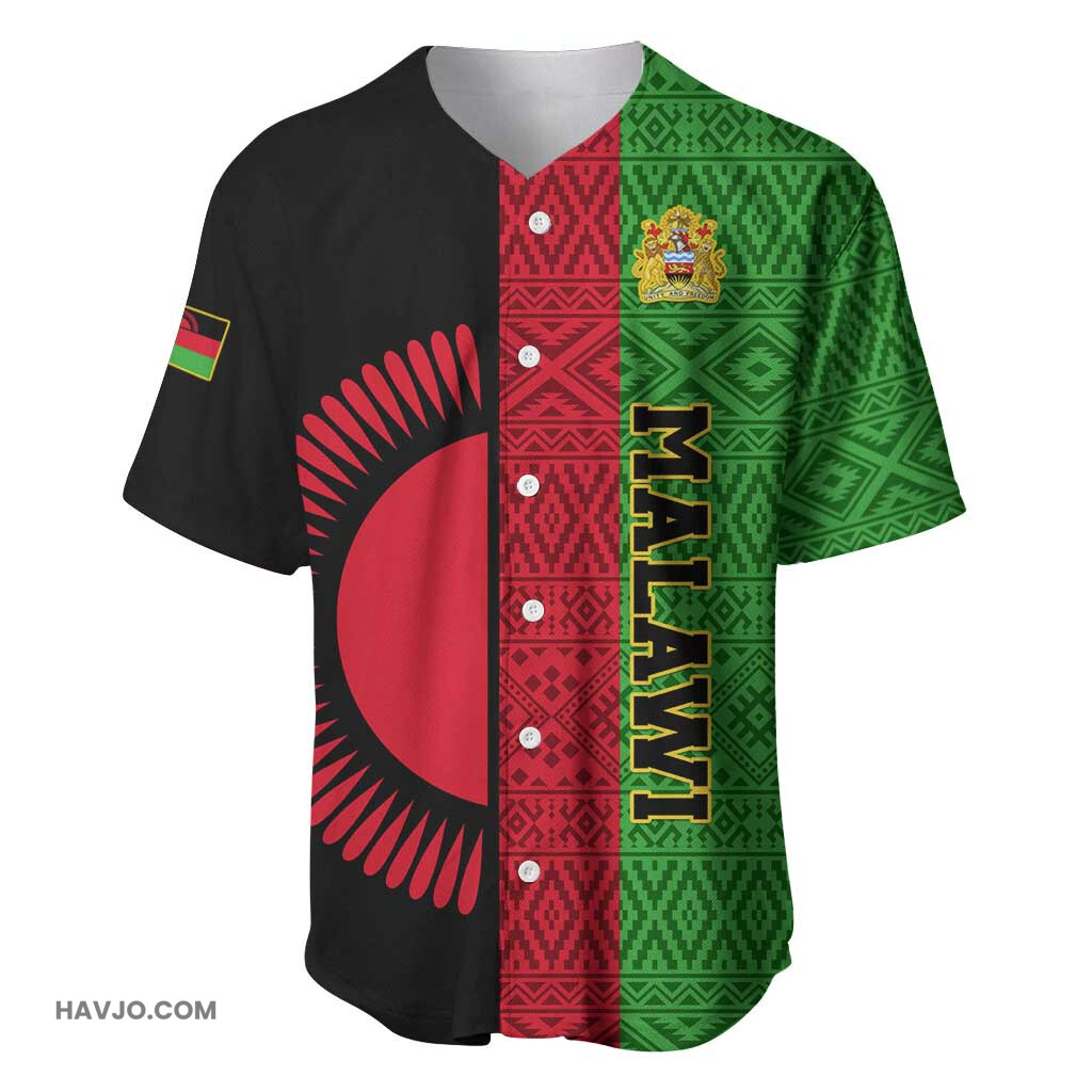 Personalized Malawi with Coat of Arms and African Pattern Baseball Jersey