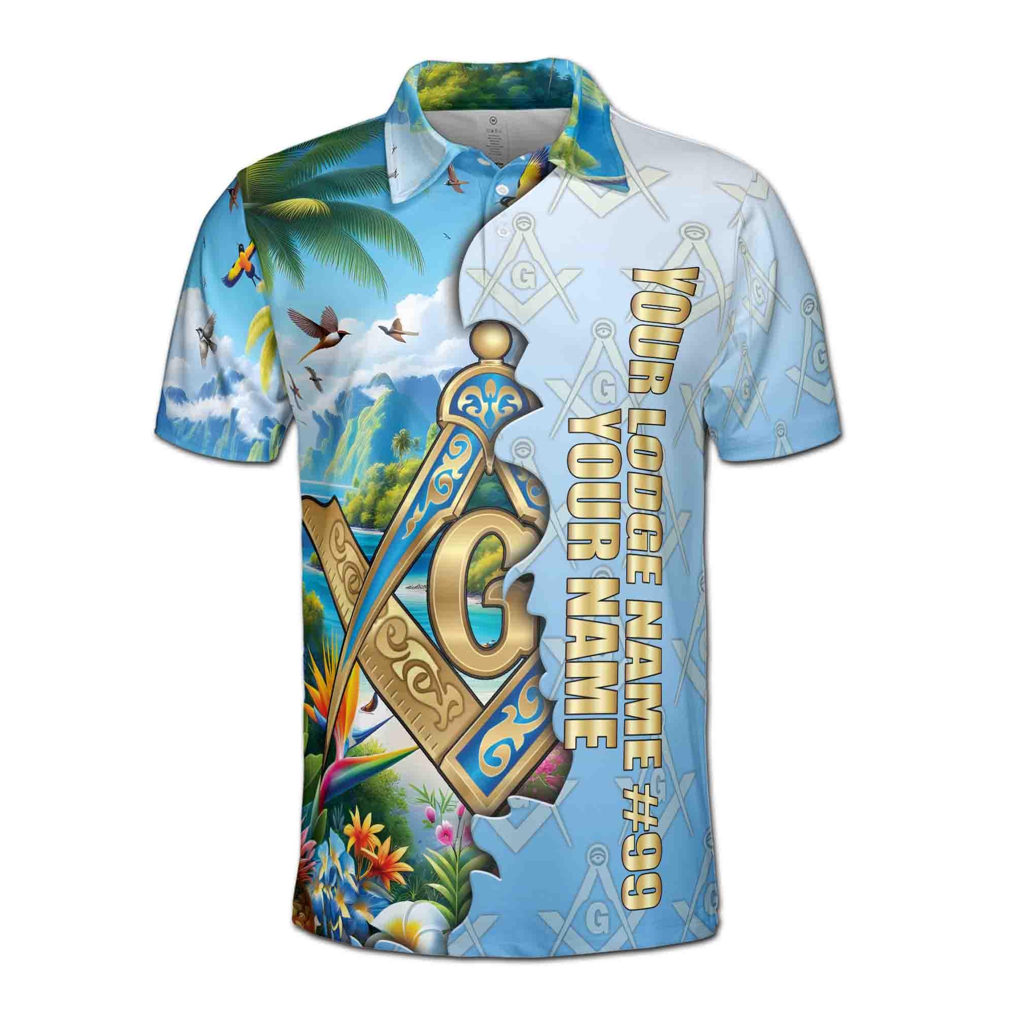 Alternative view of Personalized Masonic Freemasonry Blue Tropical Nature Men's Polo Shirt