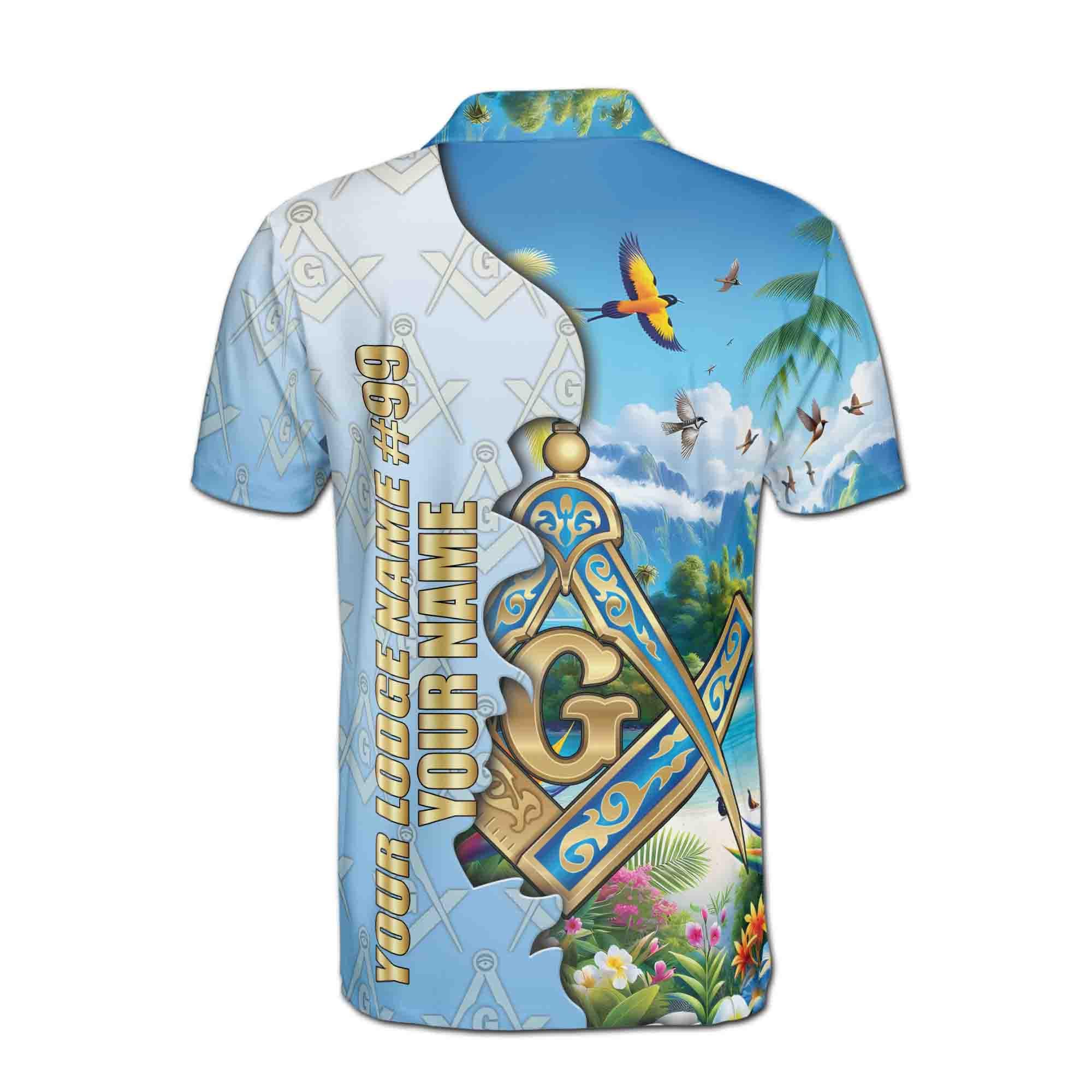 Personalized Masonic Freemasonry Blue Tropical Nature Men's Polo Shirt - Image 3