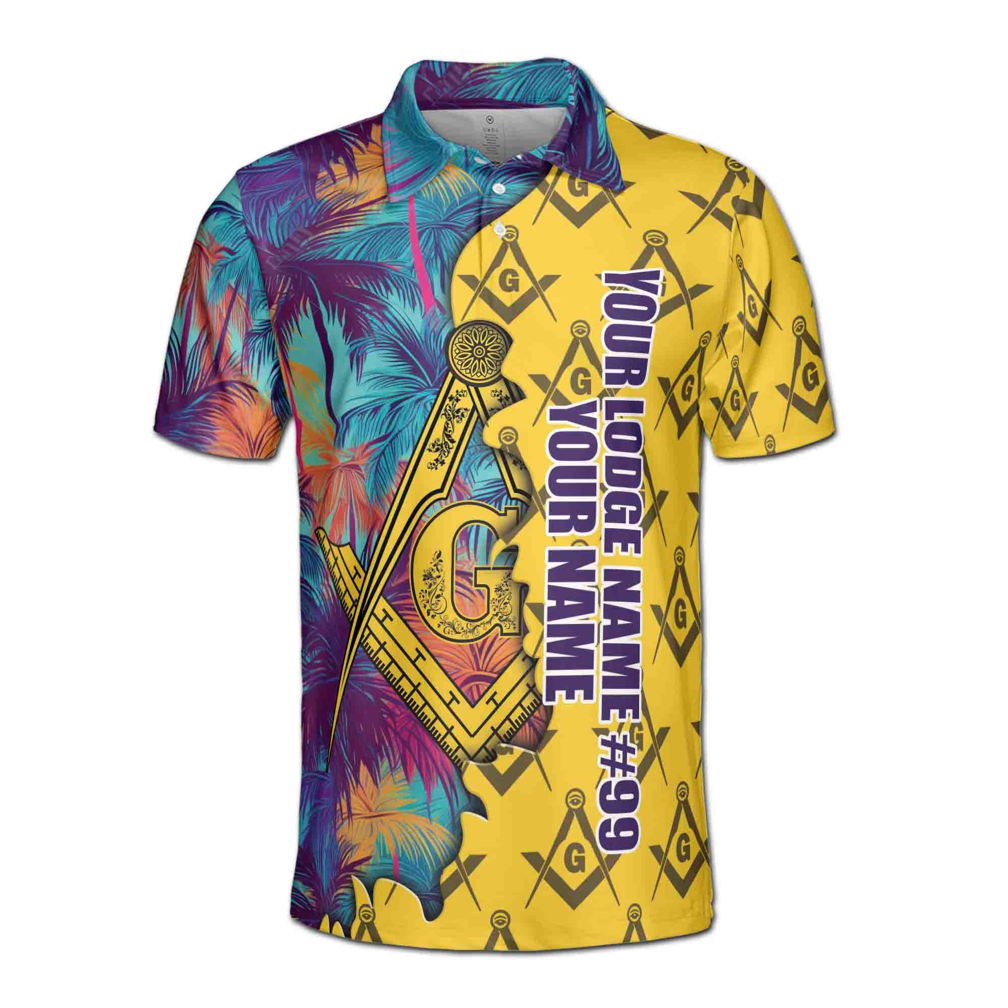 Alternative view of Personalized Masonic Freemasonry Hawai Tropical Pattern Men's Polo Shirt