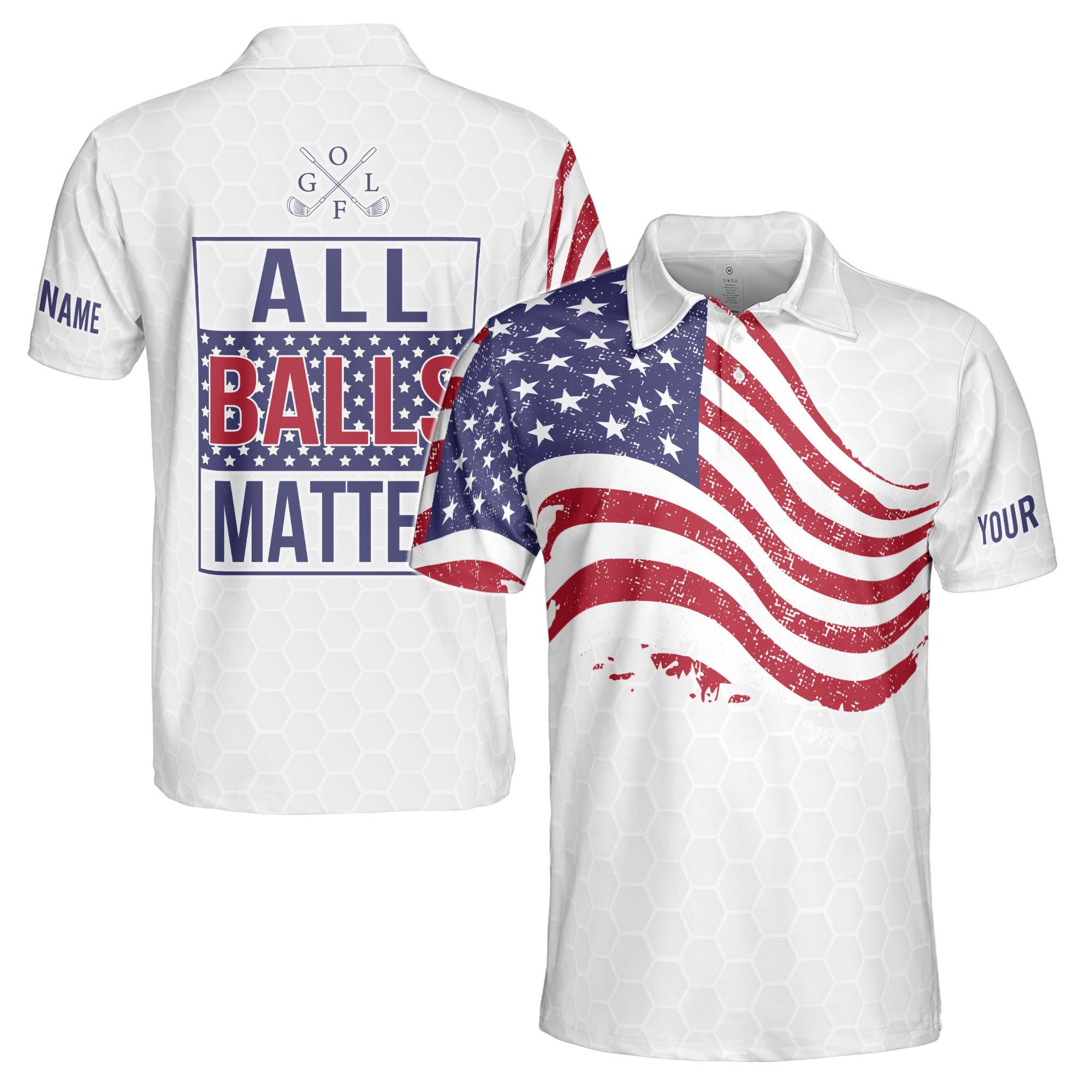 Personalized Men's Golf Polo Shirt, American Flag Patriotic All Balls Matter Design