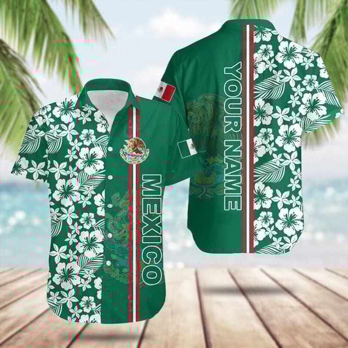 Personalized Mexico Coat Of Arms Hibiscus Pattern Hawaiian Shirt Beach Button Up Gifts For Mexican