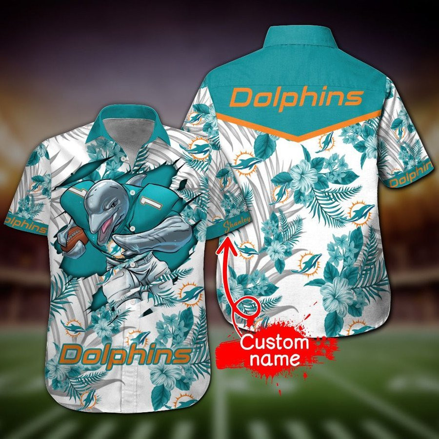 Personalized Miami Dolphins And Mascot Hawaiian Shirt Tropical Aloha Button Up