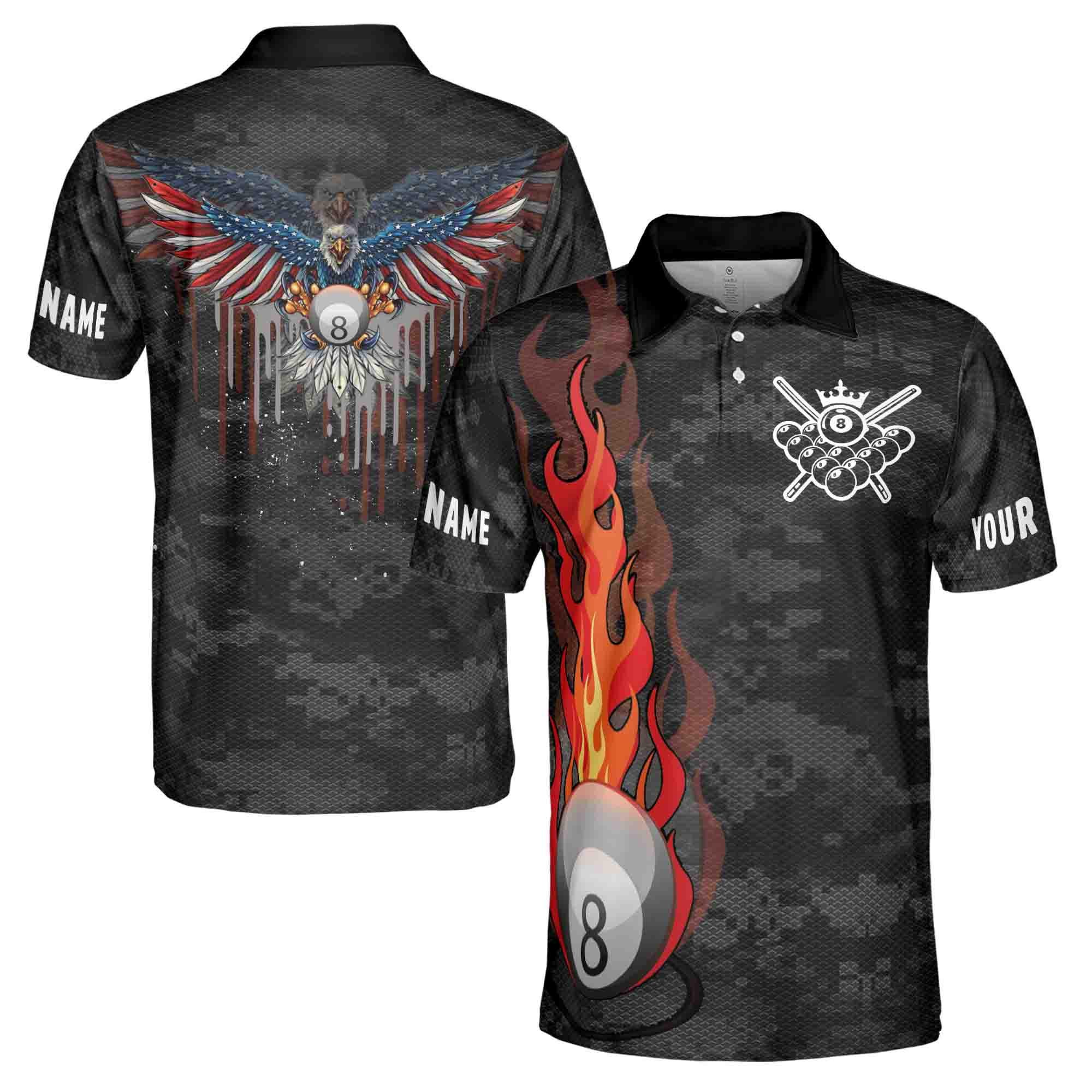 Personalized Name 8 Balls Billiard American Eagles 3D Polo Shirt Size