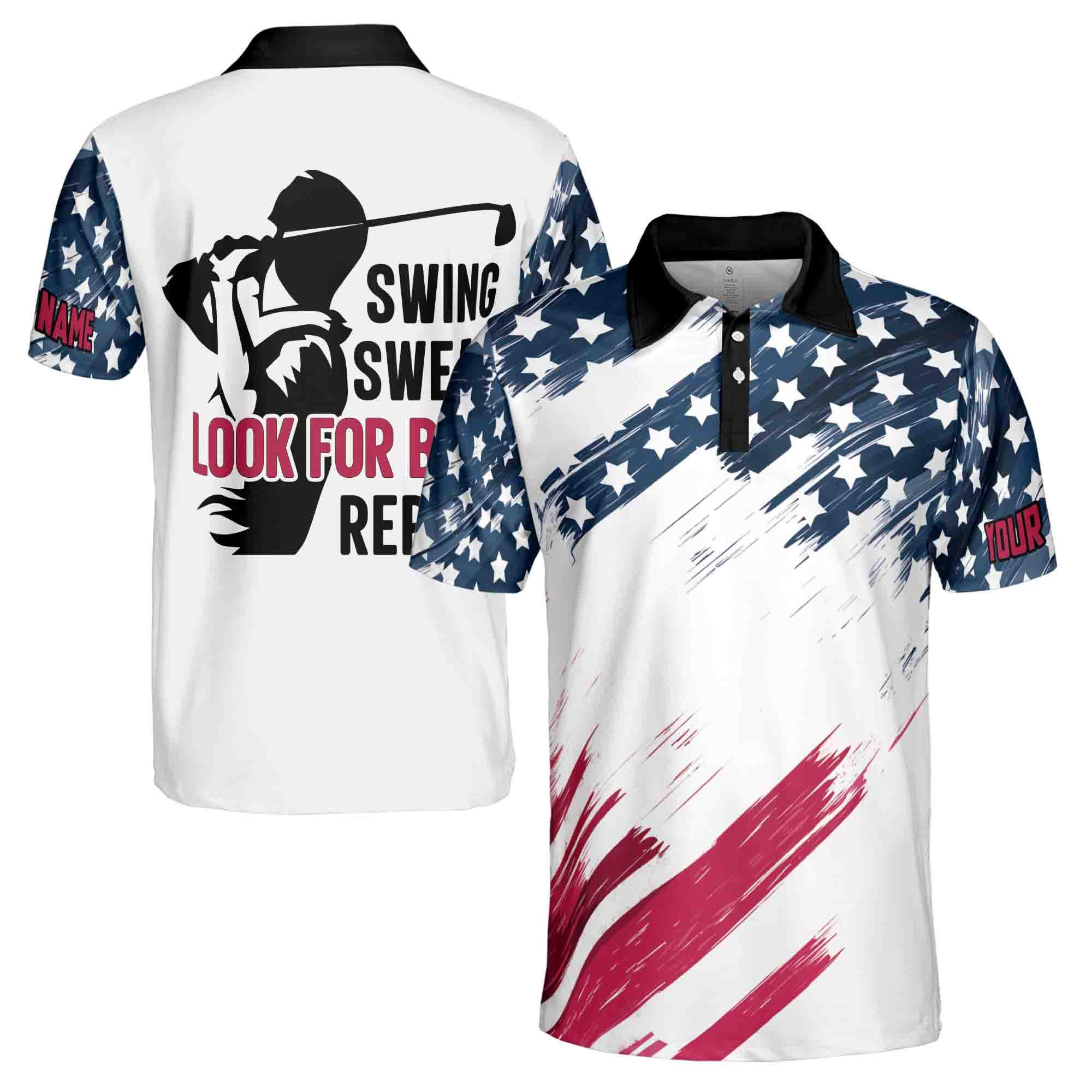 Personalized Name American Flag Golf Men's Polo Shirt: Swing Swear Look Repeat Quote
