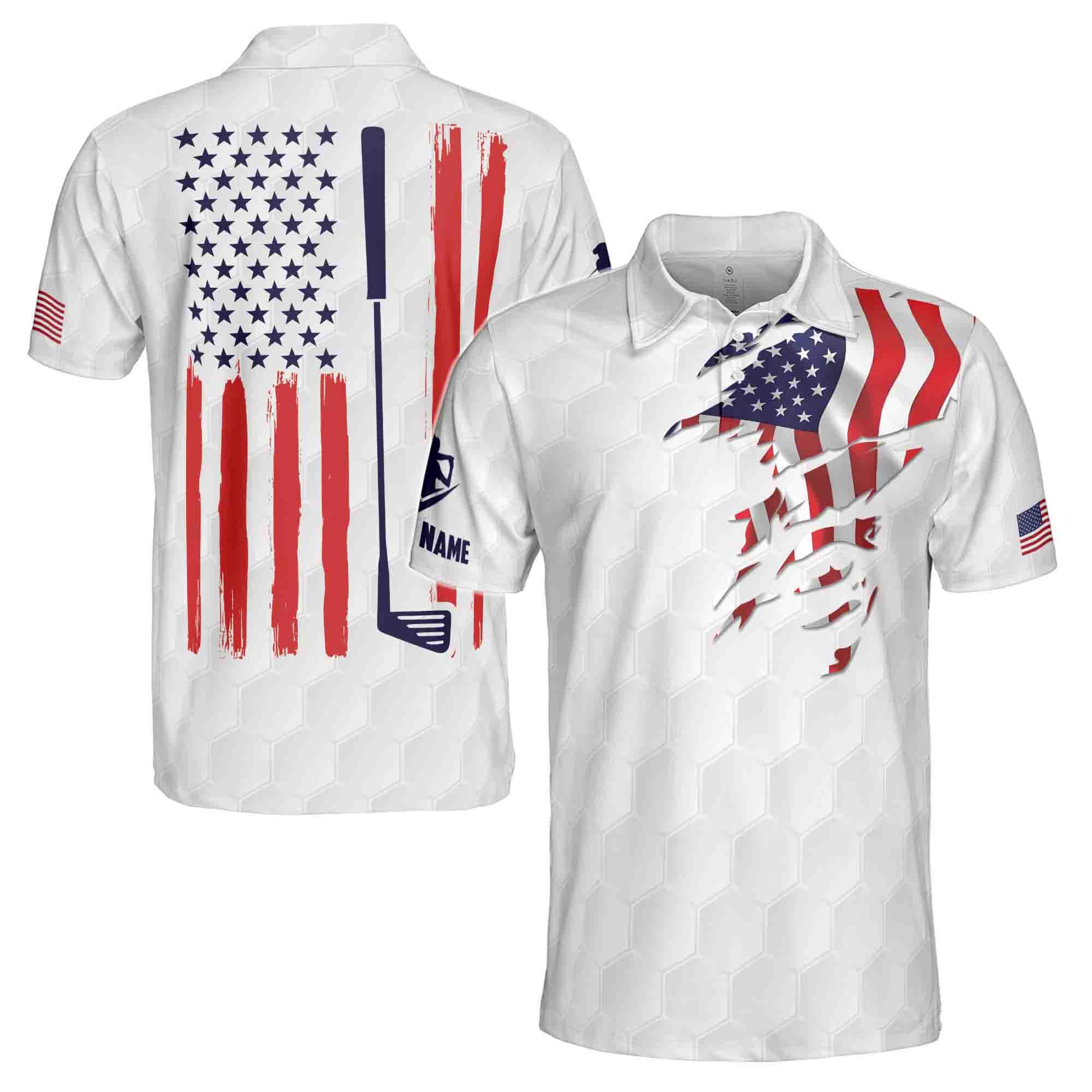 Personalized Name American Flag Patriotic Golfer Golf Men's Polo Shirt