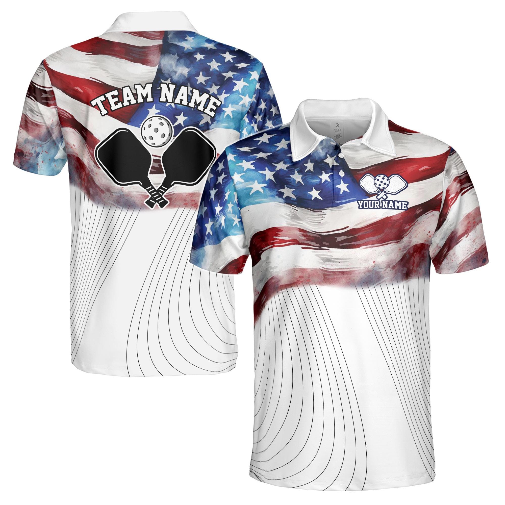 Personalized Name American Flag Patrotic Pickleball Men's Polo Shirt