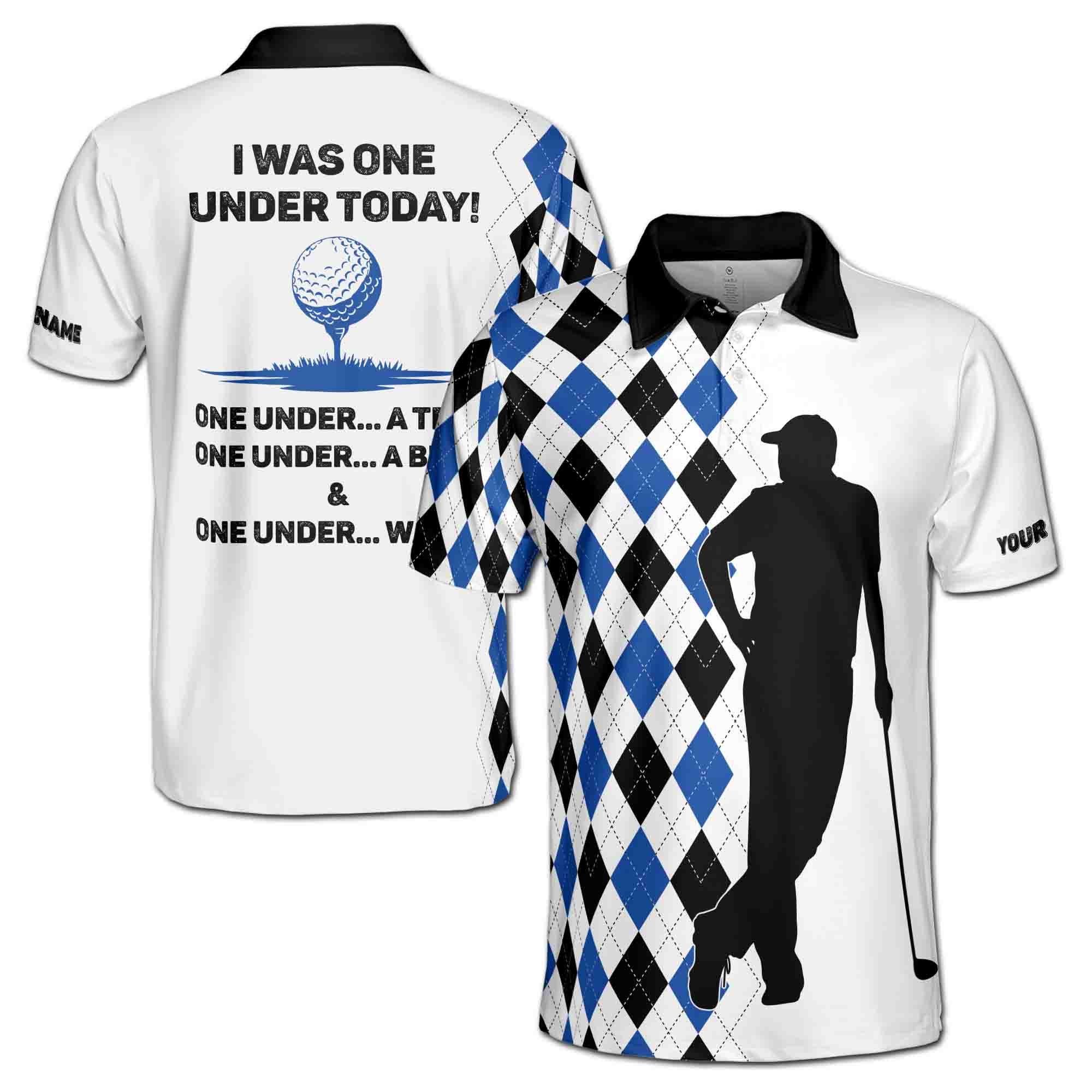 Personalized Name Argyle Silhouette Funny Golf Men's Polo Shirt: 'I Was One Under Today'