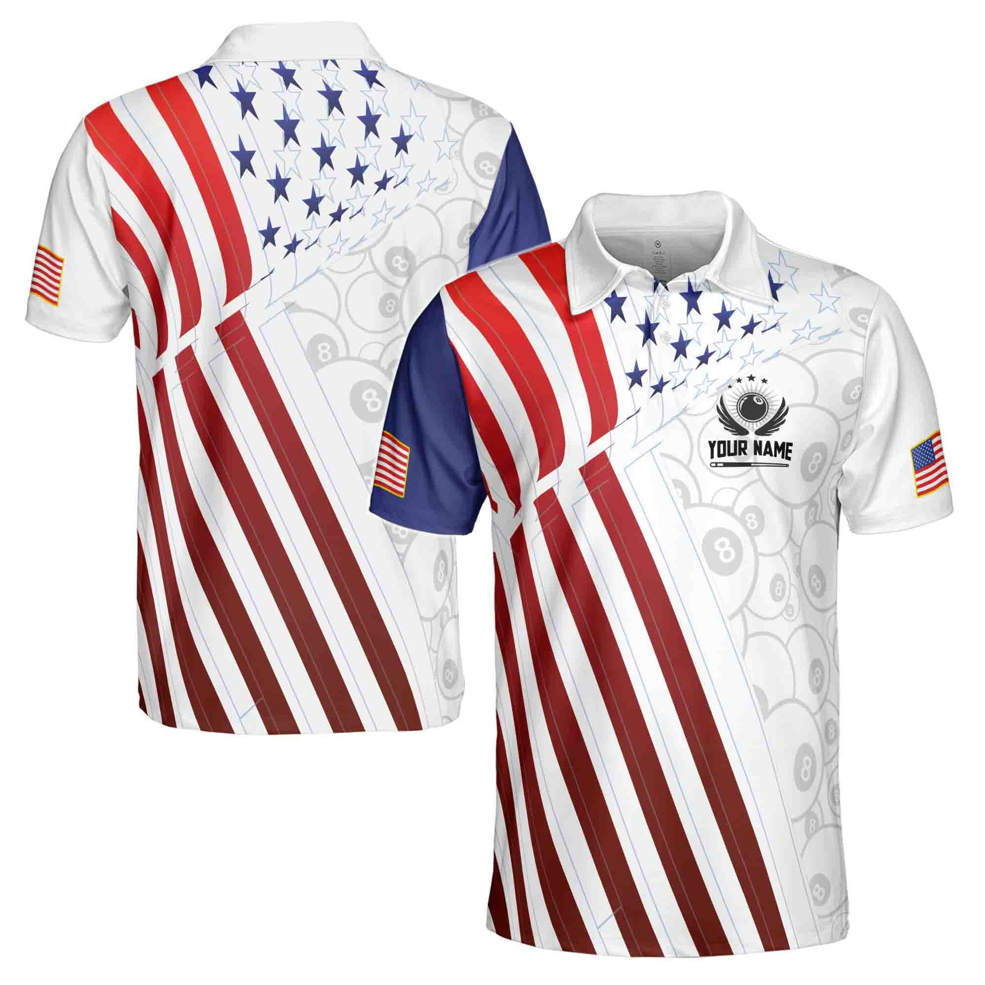 Personalized Name Billiard 8 Balls Pool Men's Polo Shirt: American Flag Gradient Design