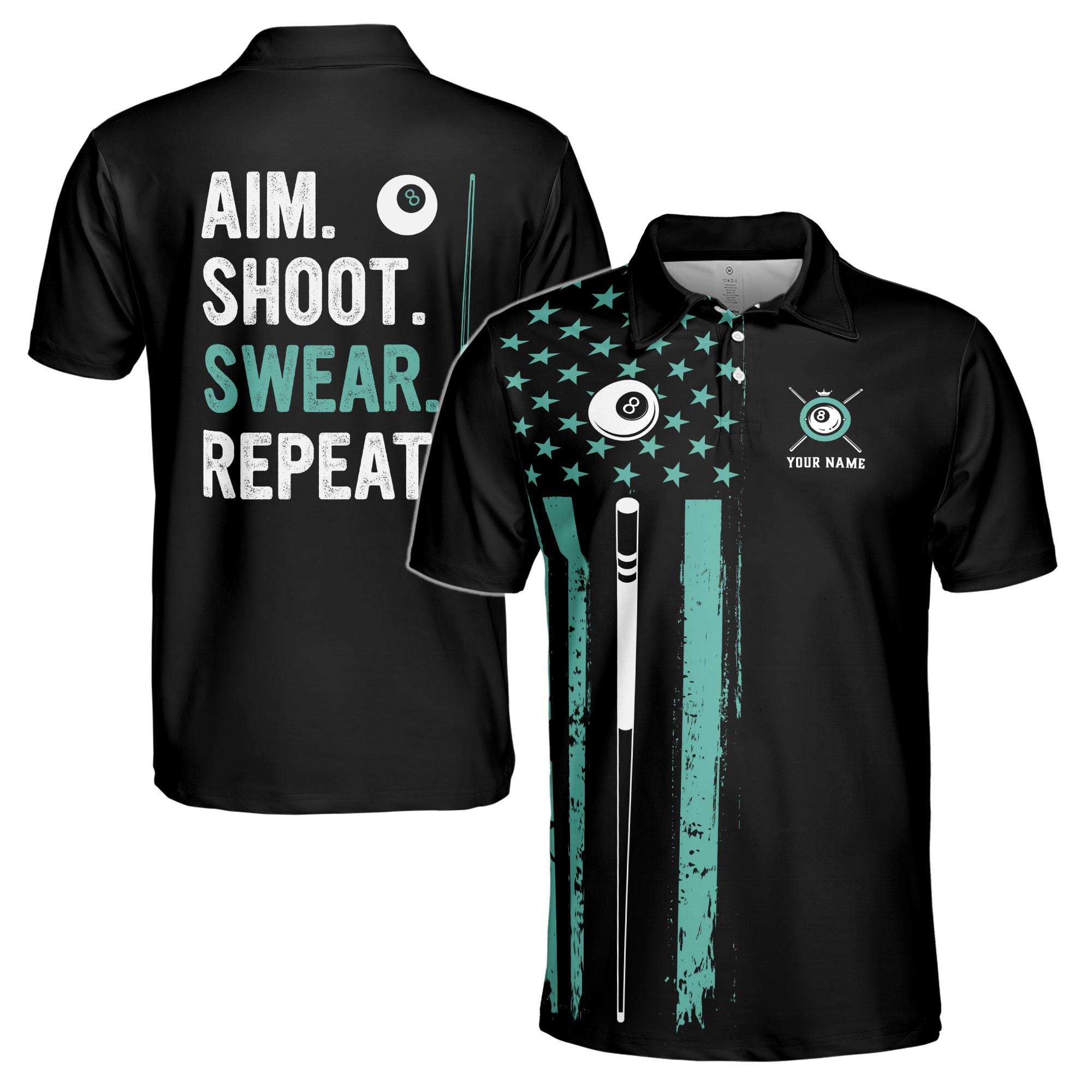 Personalized Name Billiards Aim Shoot Swear Repeat 8-Ball Design Men's Polo Shirt