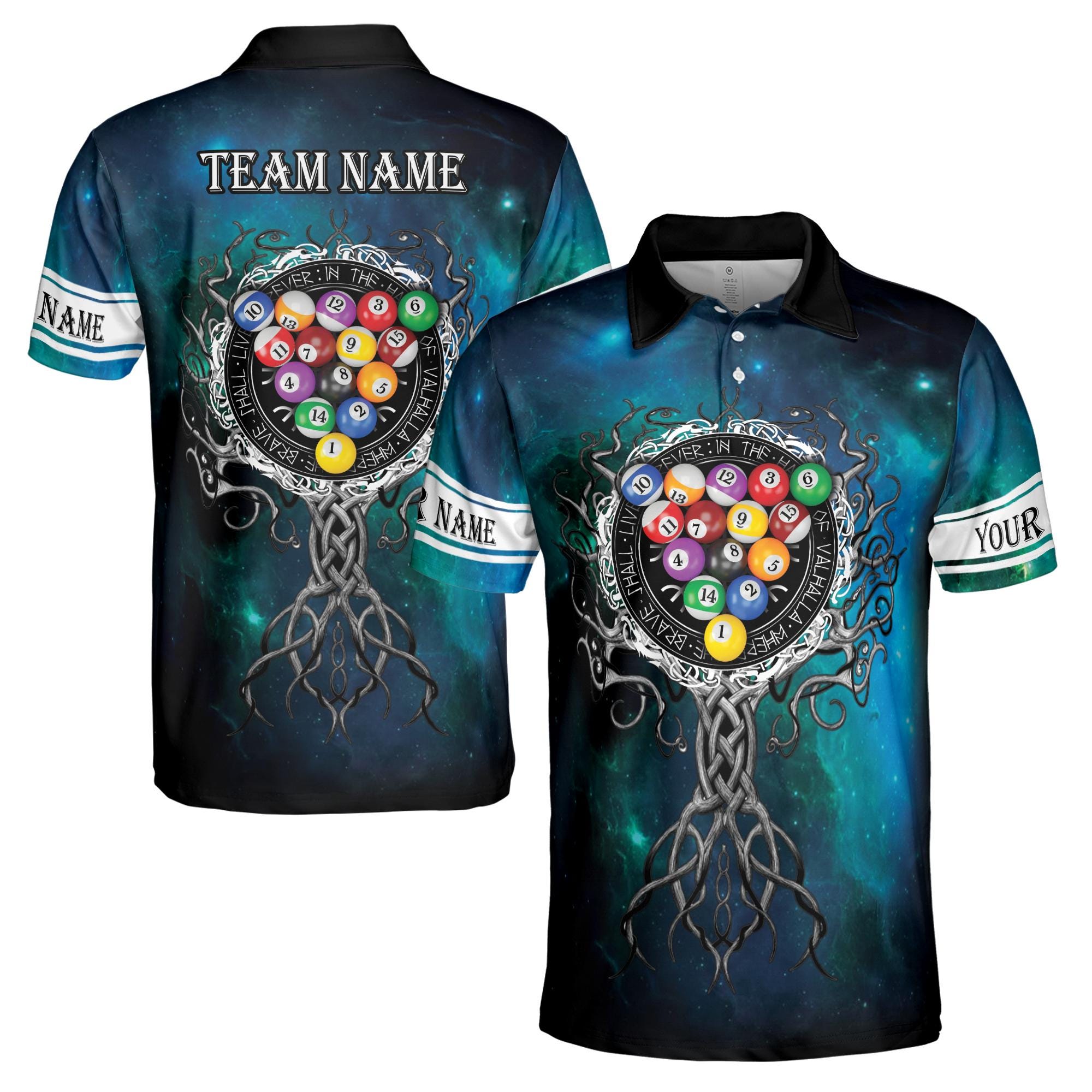 Personalized Name Billiards Balls Galaxy Viking Tree Roots Men's Polo Shirt