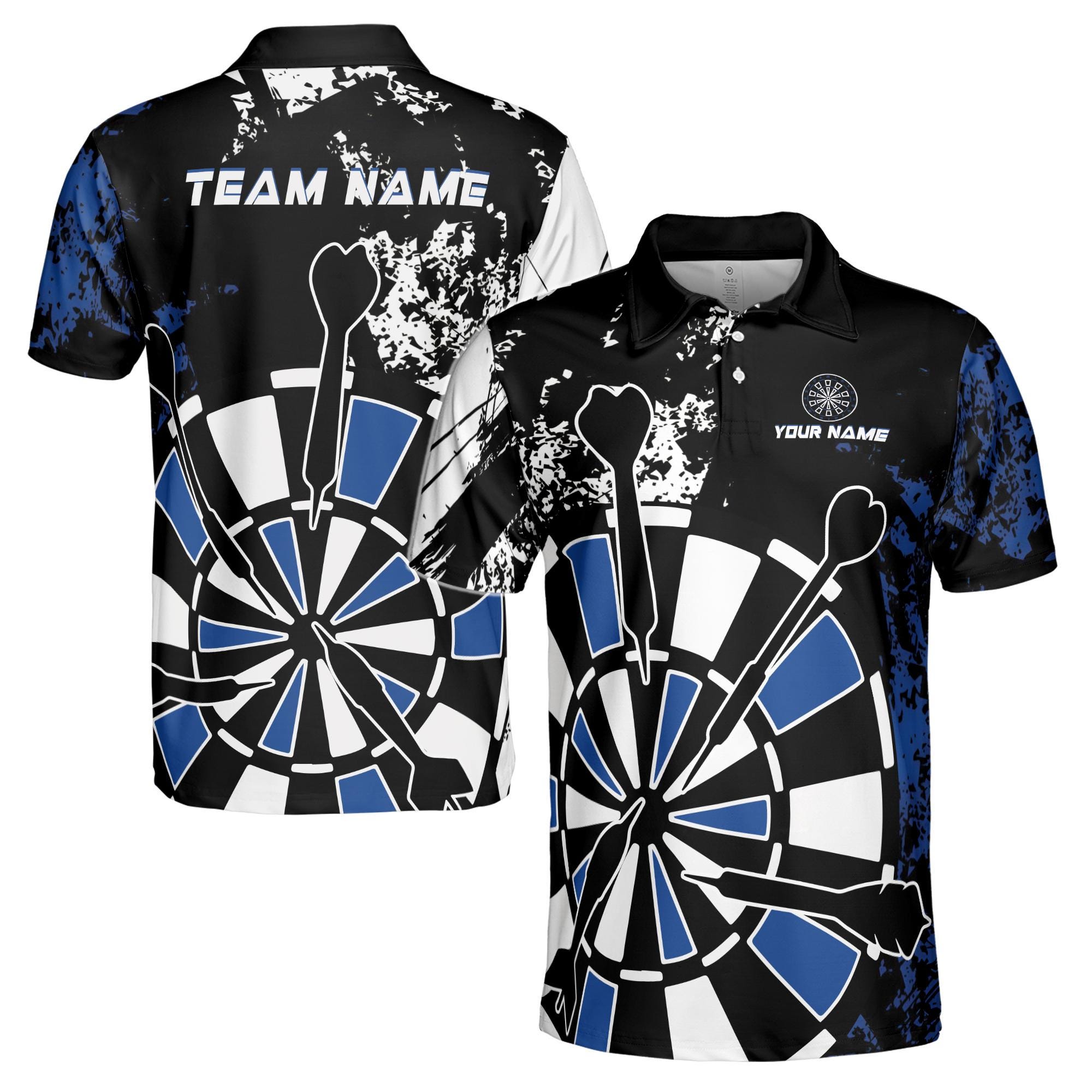 Personalized Name Black Blue Spatter Patern Darts Player Team Men's Polo Shirt