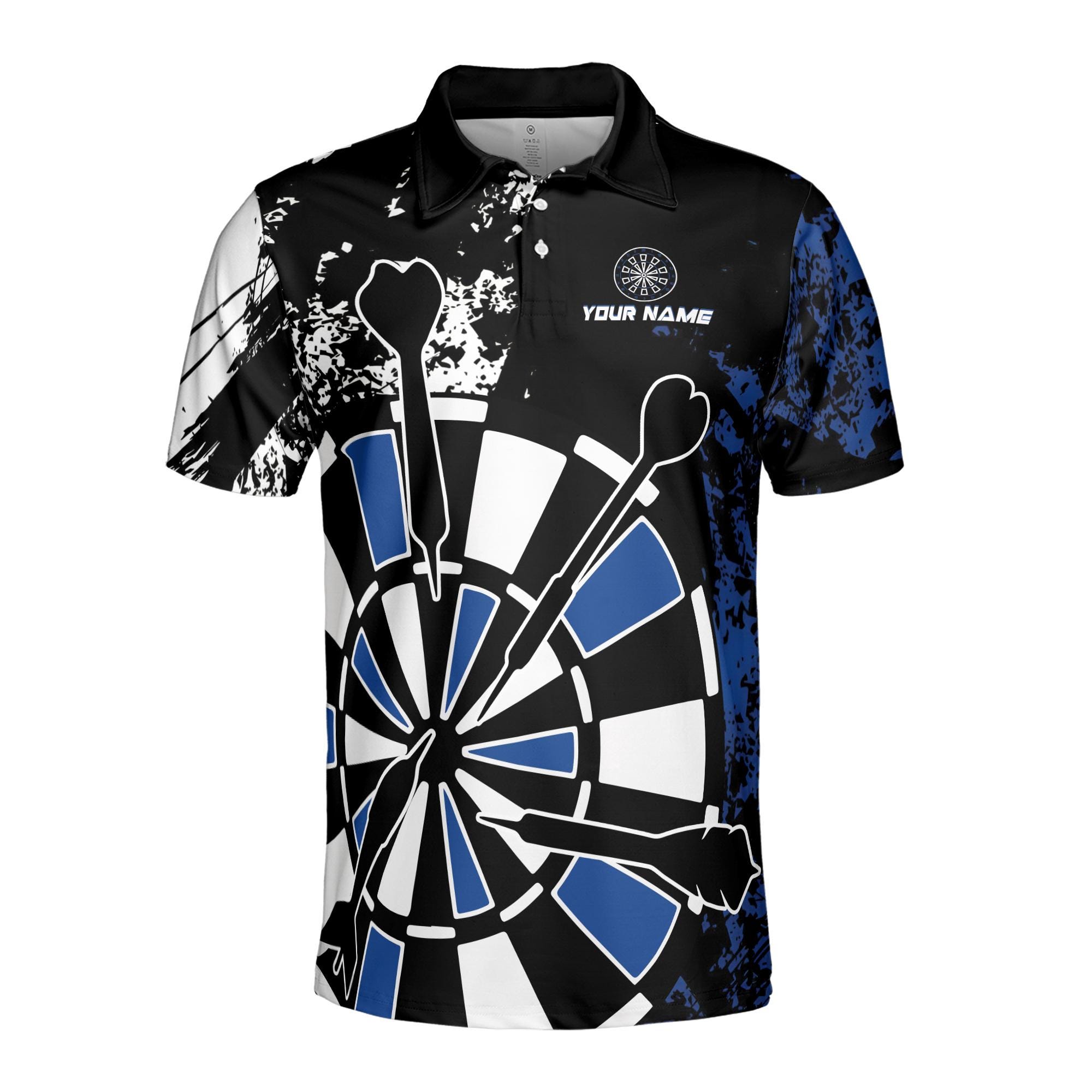 Alternative view of Personalized Name Black Blue Spatter Patern Darts Player Team Men's Polo Shirt