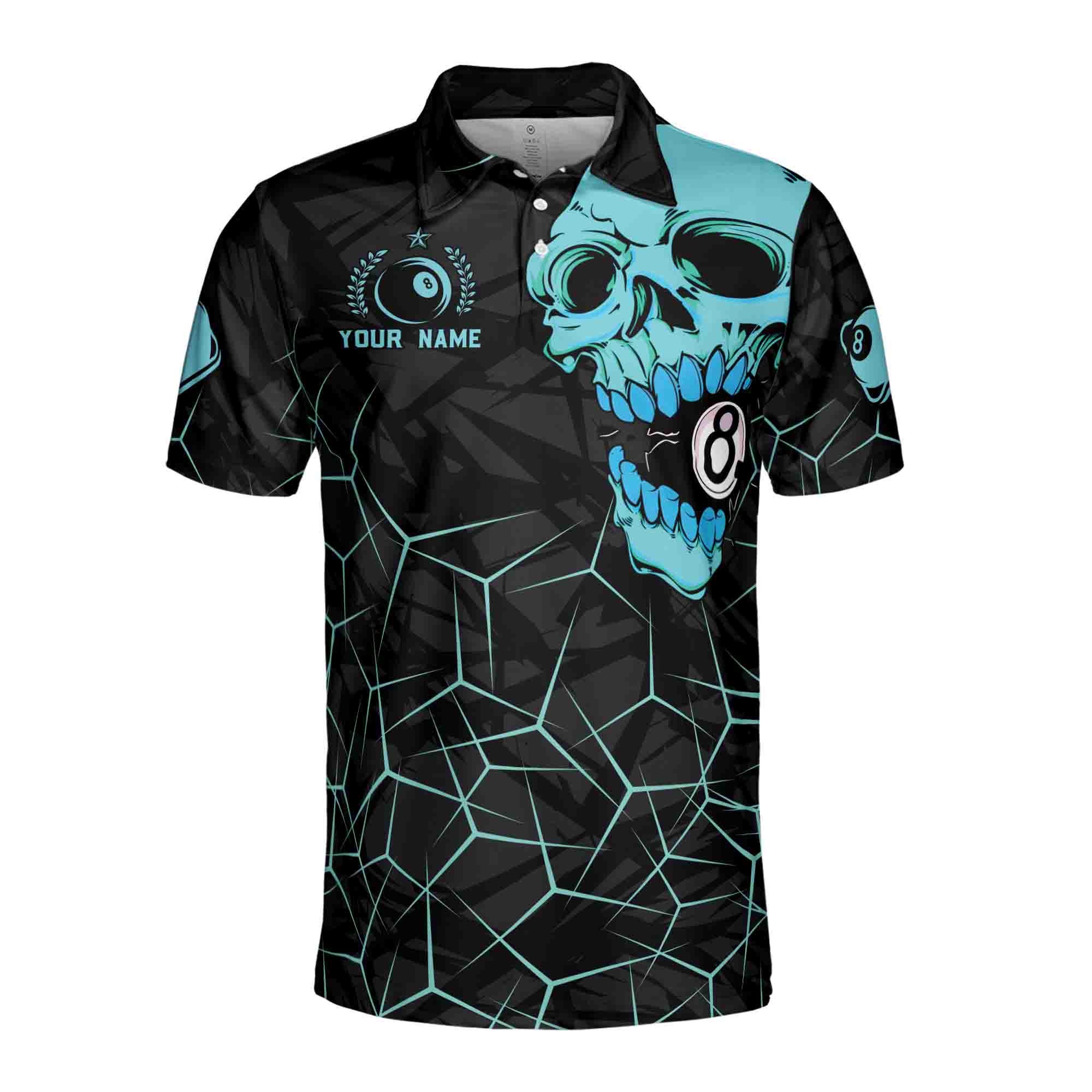 Alternative view of Personalized Name Blue Skull 8-Ball Billiard Men's Polo Shirt