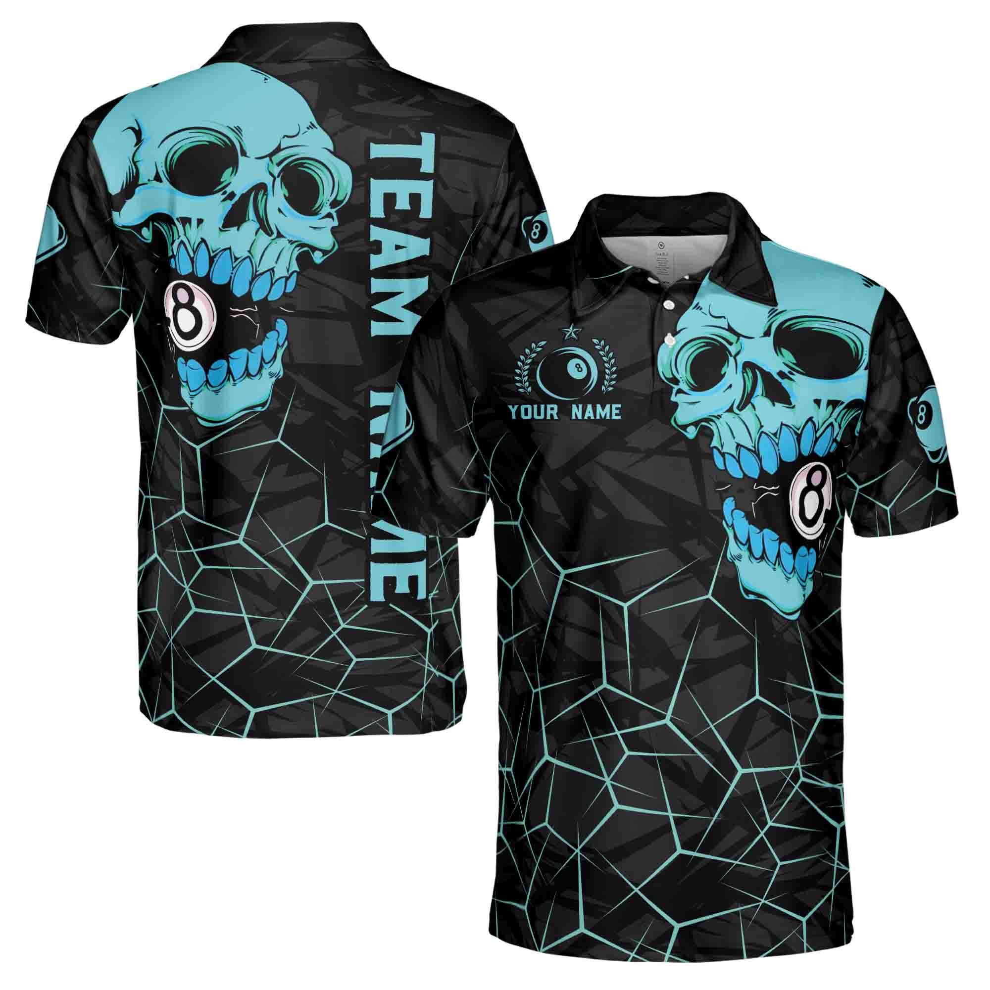 Personalized Name Blue Skull 8-Ball Billiard Men's Polo Shirt