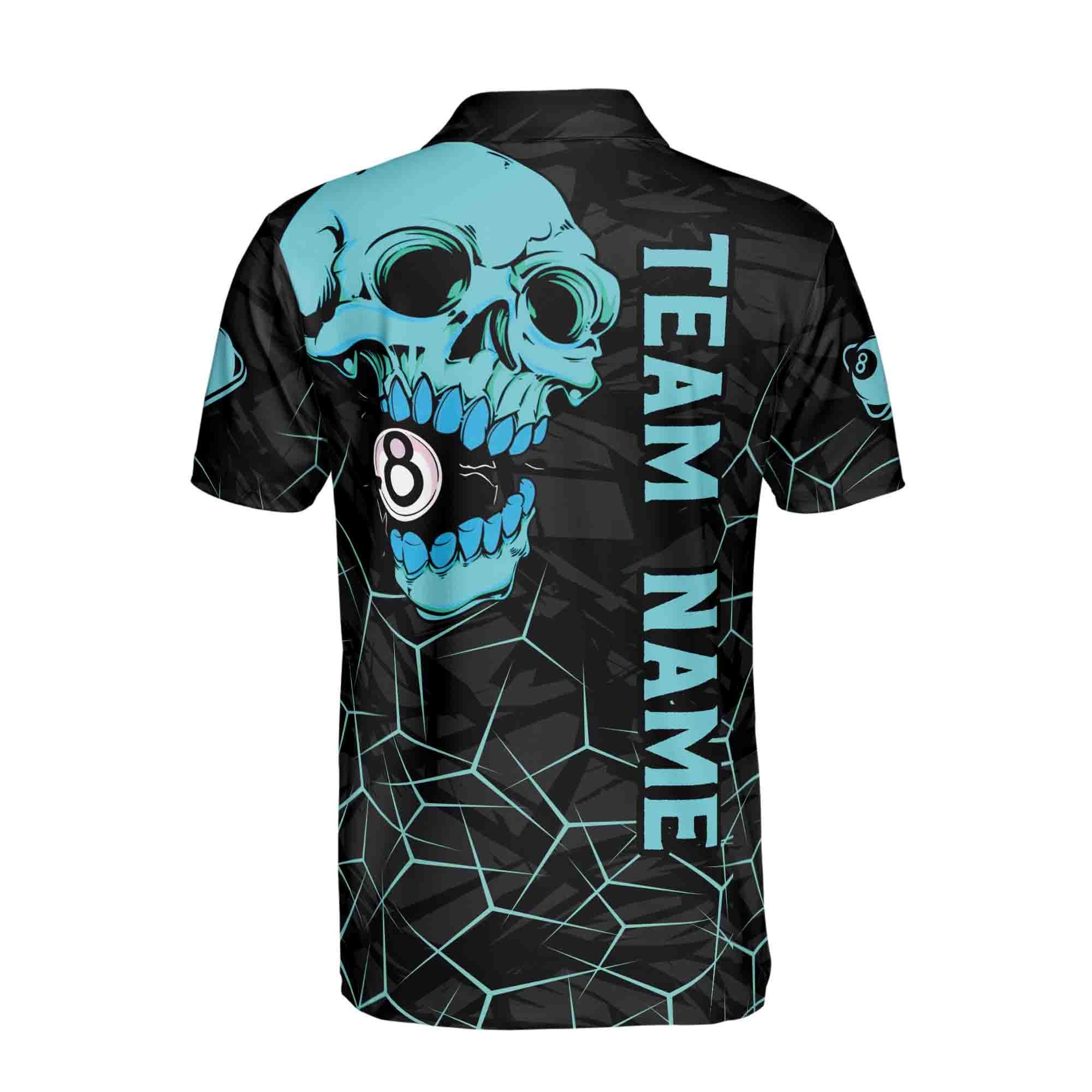 Personalized Name Blue Skull 8-Ball Billiard Men's Polo Shirt - Image 3