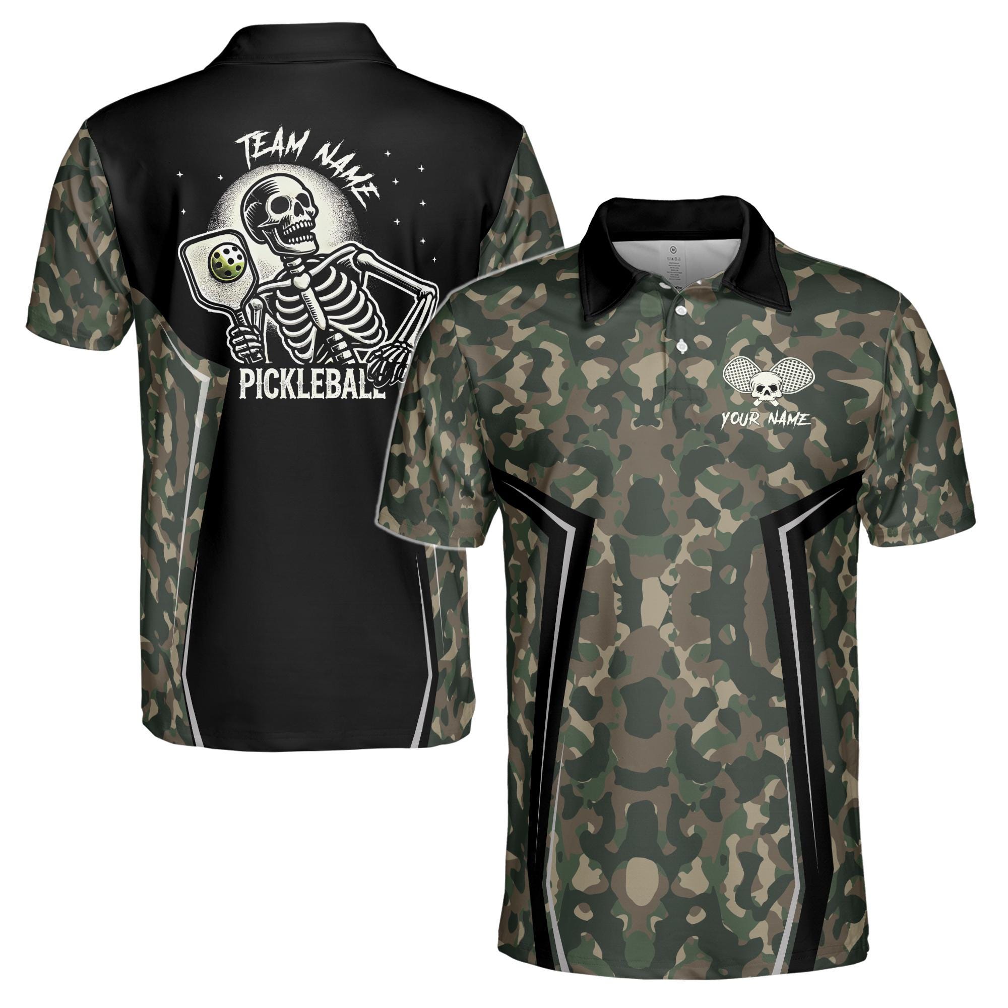 Personalized Name Camo Pattern Skull Plays Pickleball Men's Polo Shirt