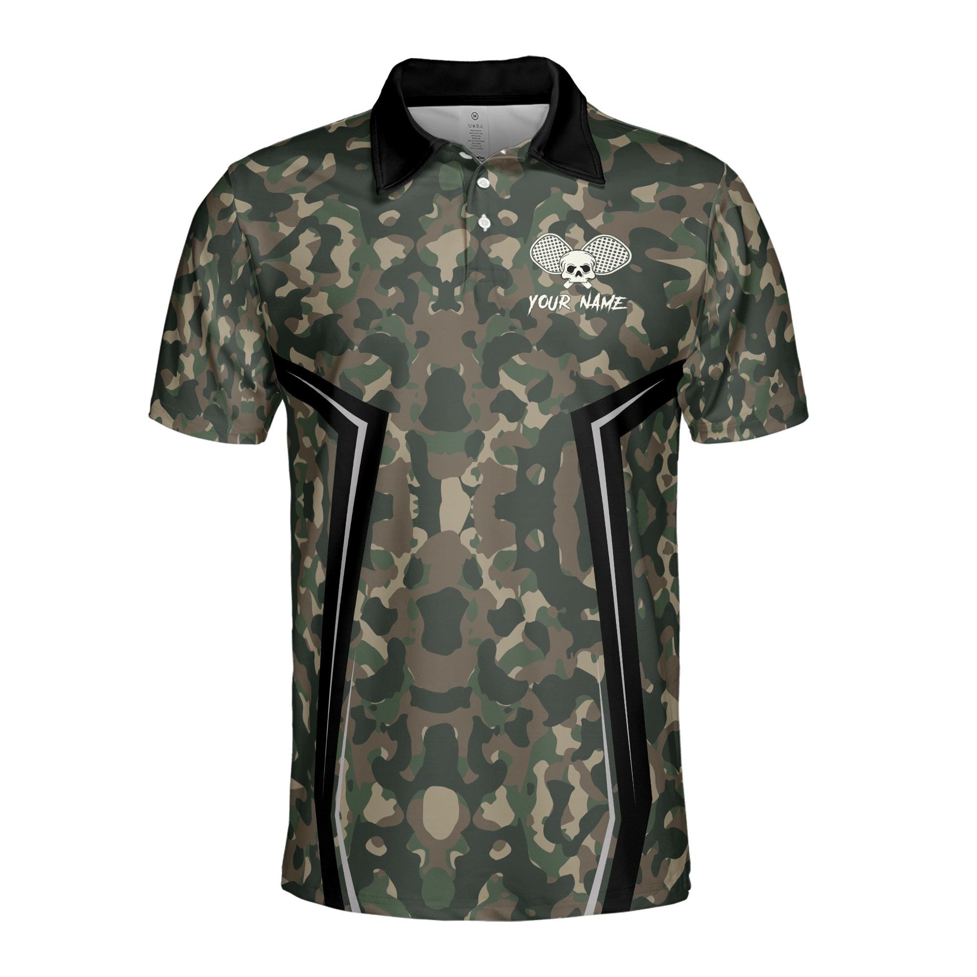 Alternative view of Personalized Name Camo Pattern Skull Plays Pickleball Men's Polo Shirt