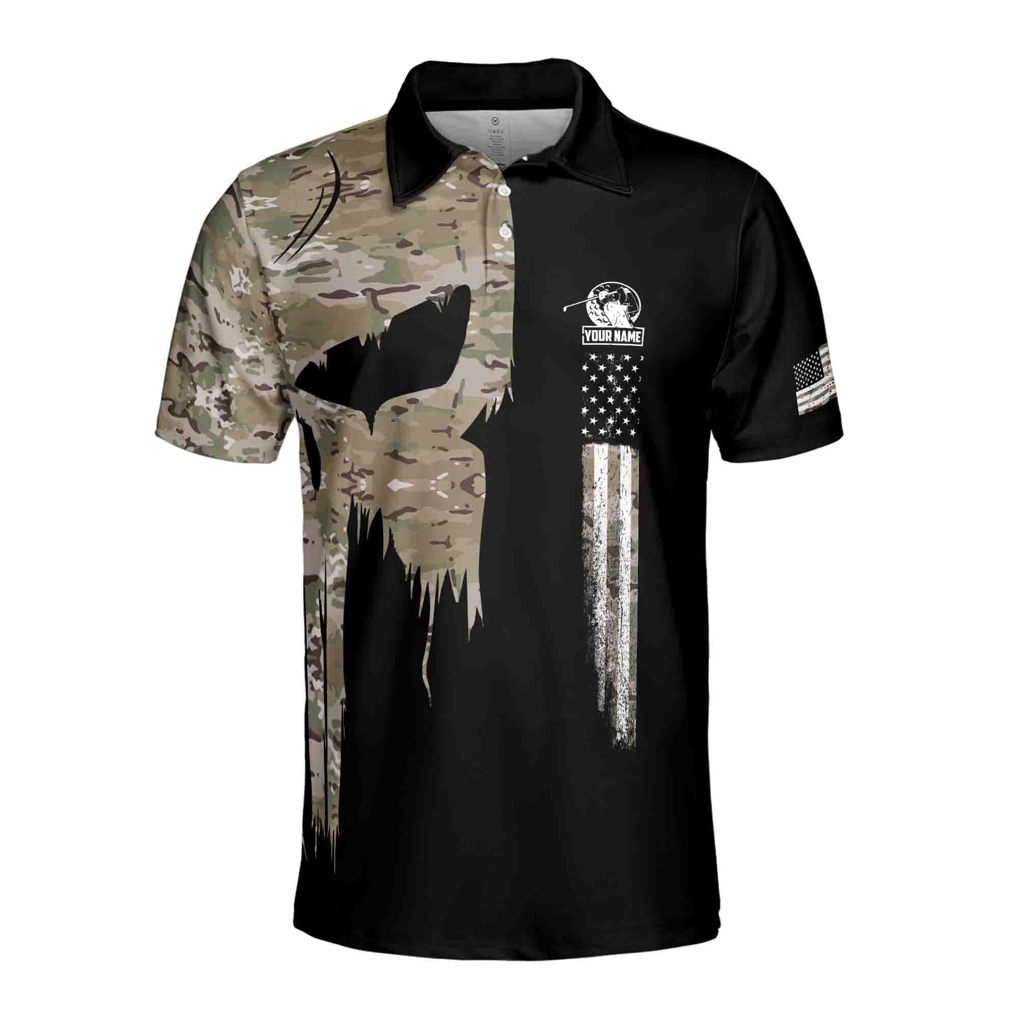 Alternative view of Personalized Name Camo Skull Golf Camouflage American Golf Men's Polo Shirt