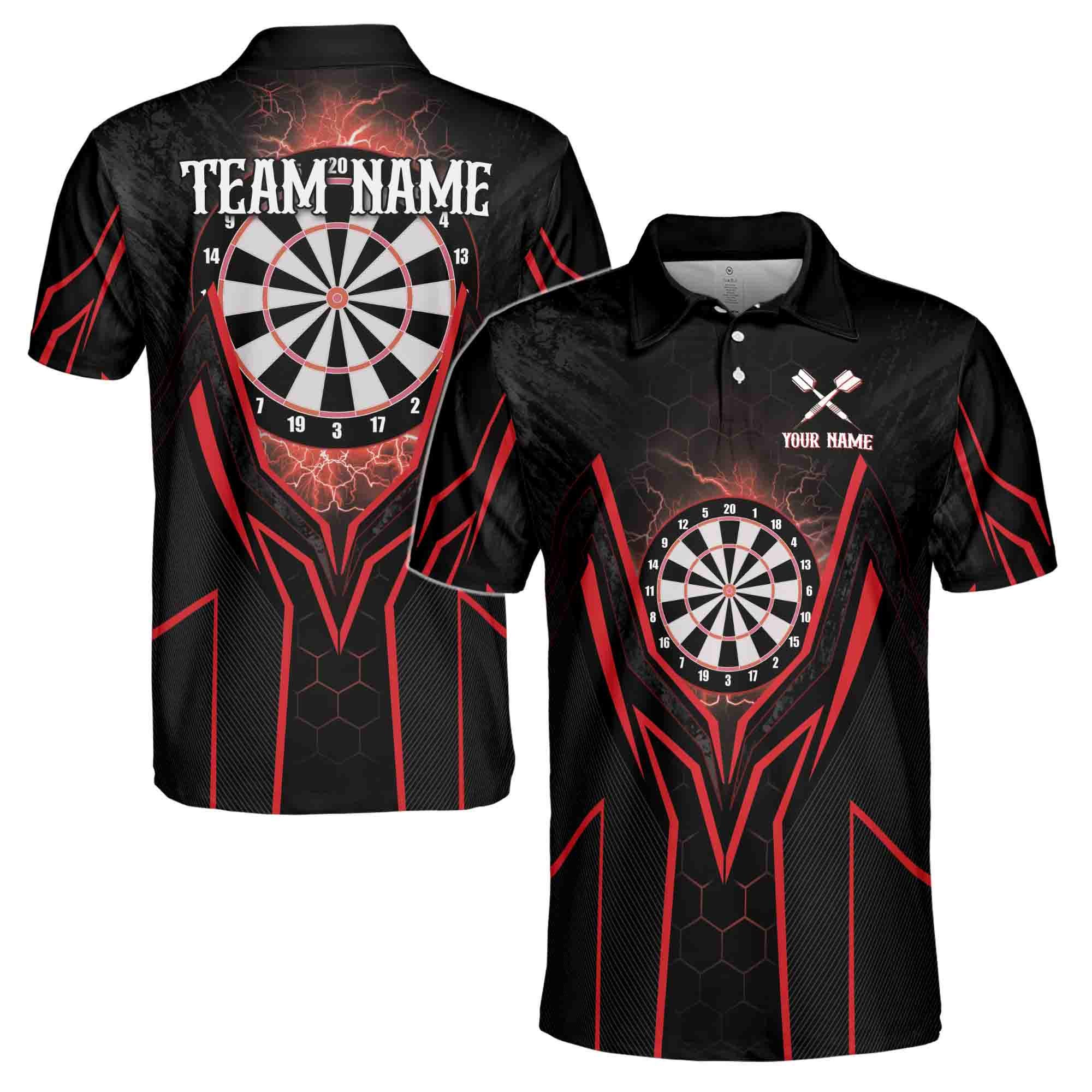 Personalized Name Darts Team Men's Polo Shirt: Red Lightning Design