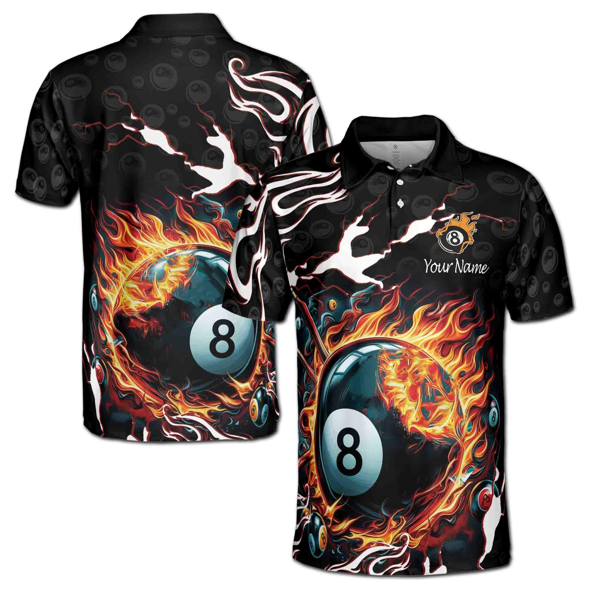 Personalized Name Flaming 8-Ball Billiards on Fire Men's Polo Shirt