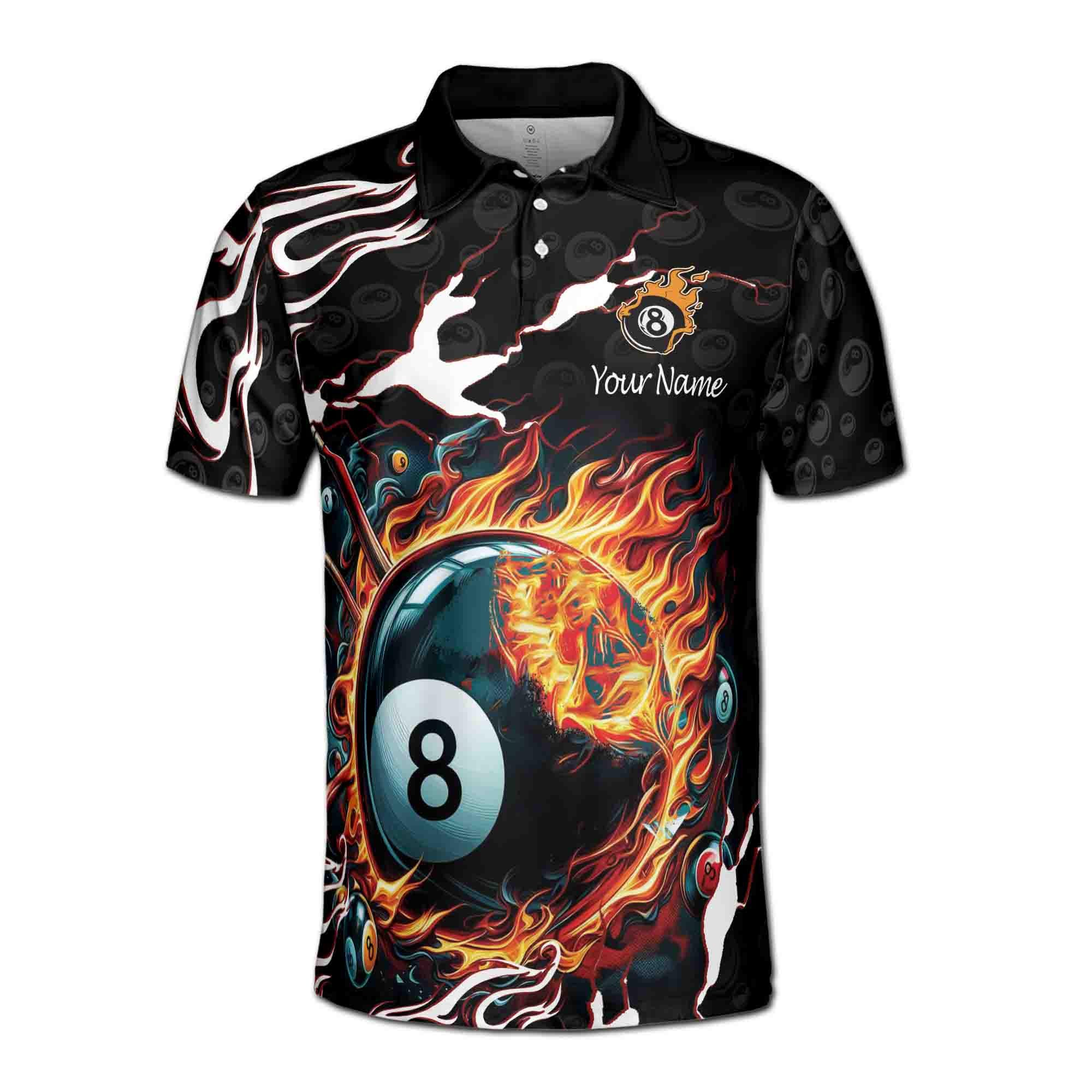 Alternative view of Personalized Name Flaming 8-Ball Billiards on Fire Men's Polo Shirt