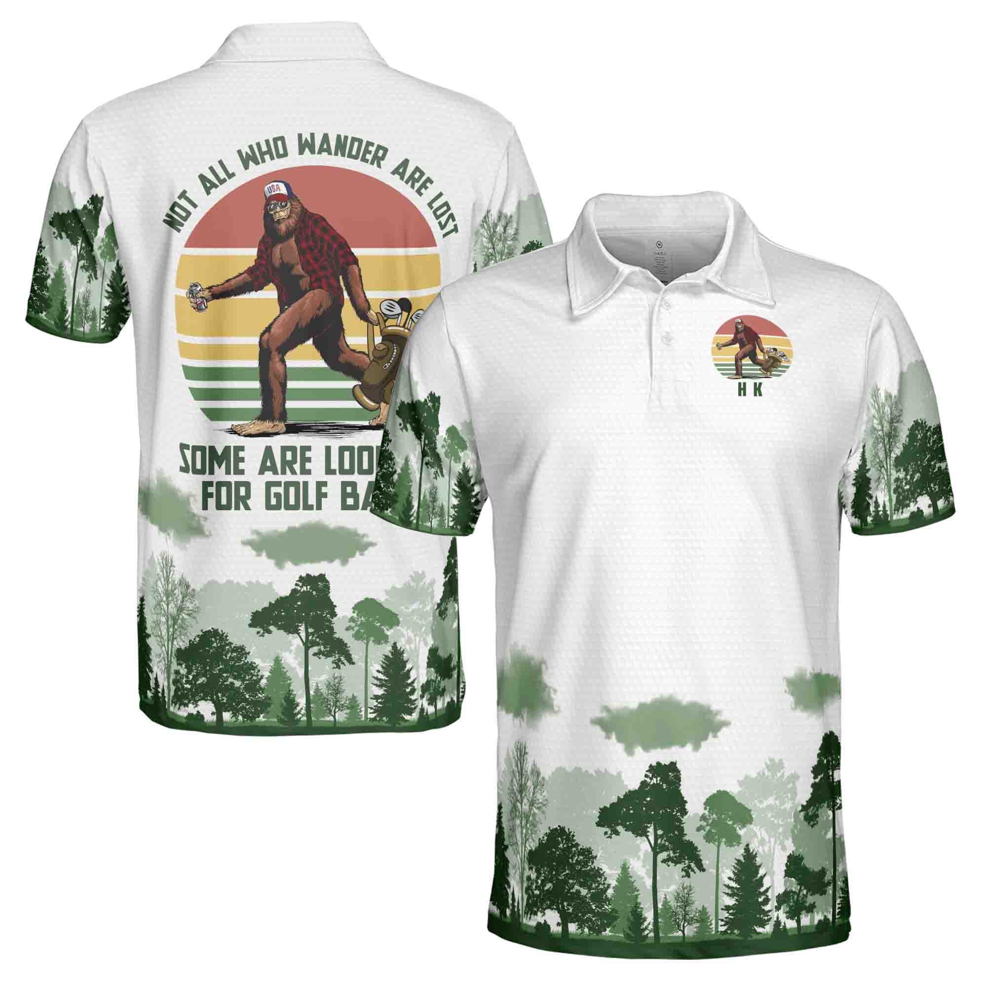Personalized Name Funny Bigfoot Looking for Golf Ball Men's Polo Shirt, Golf Lover Gift