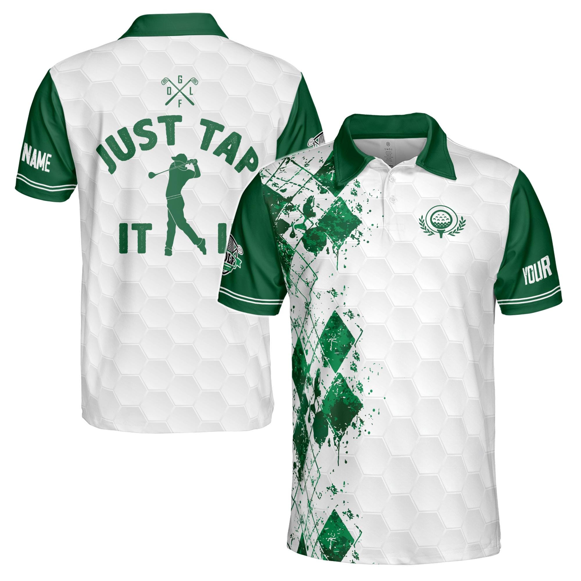 Alternative view of Personalized Name Golfer Argyle Color Spatter Just Tap It In Men's Polo Shirt
