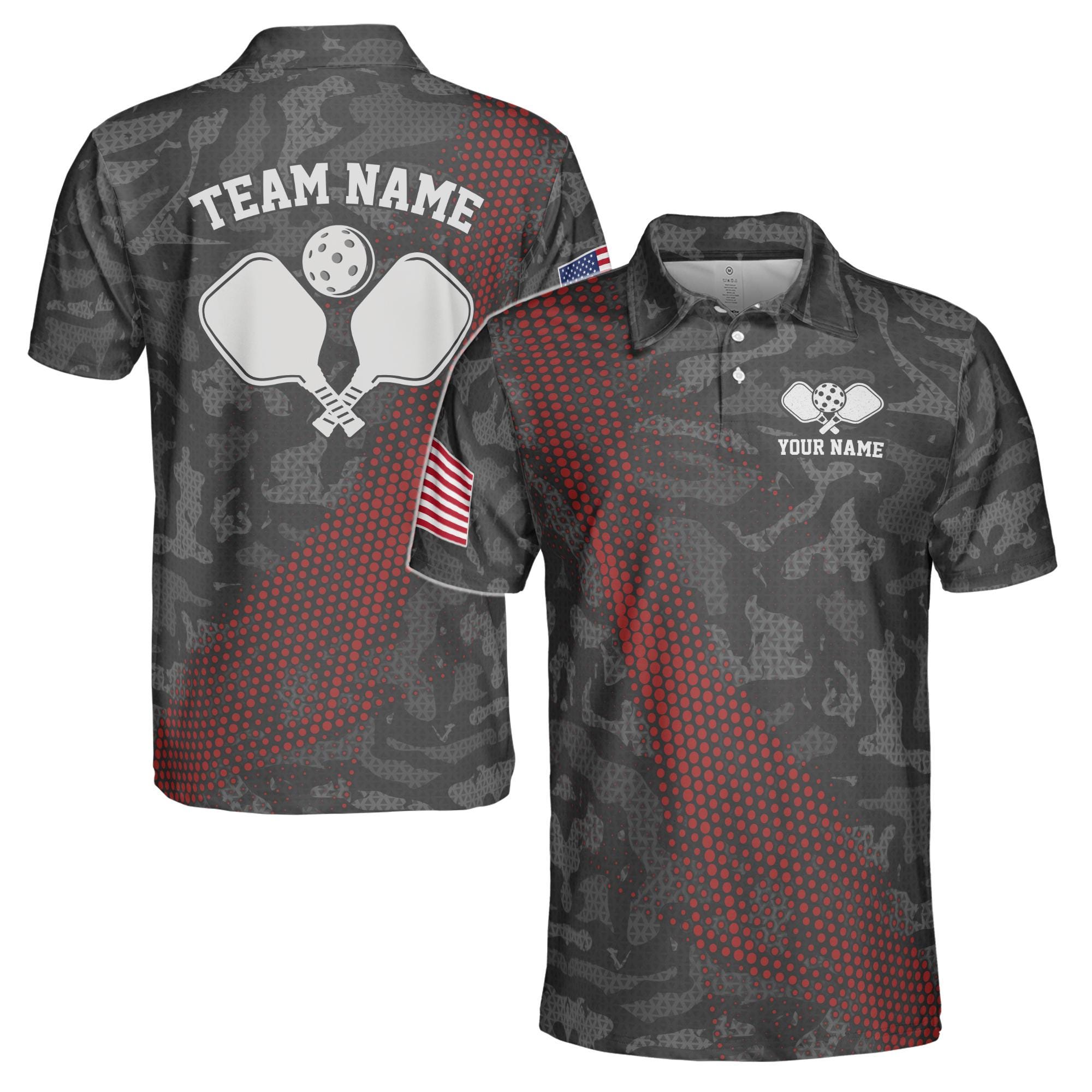 Personalized Name Gray Camouflage American Flag Pickleball Men's Polo Shirt